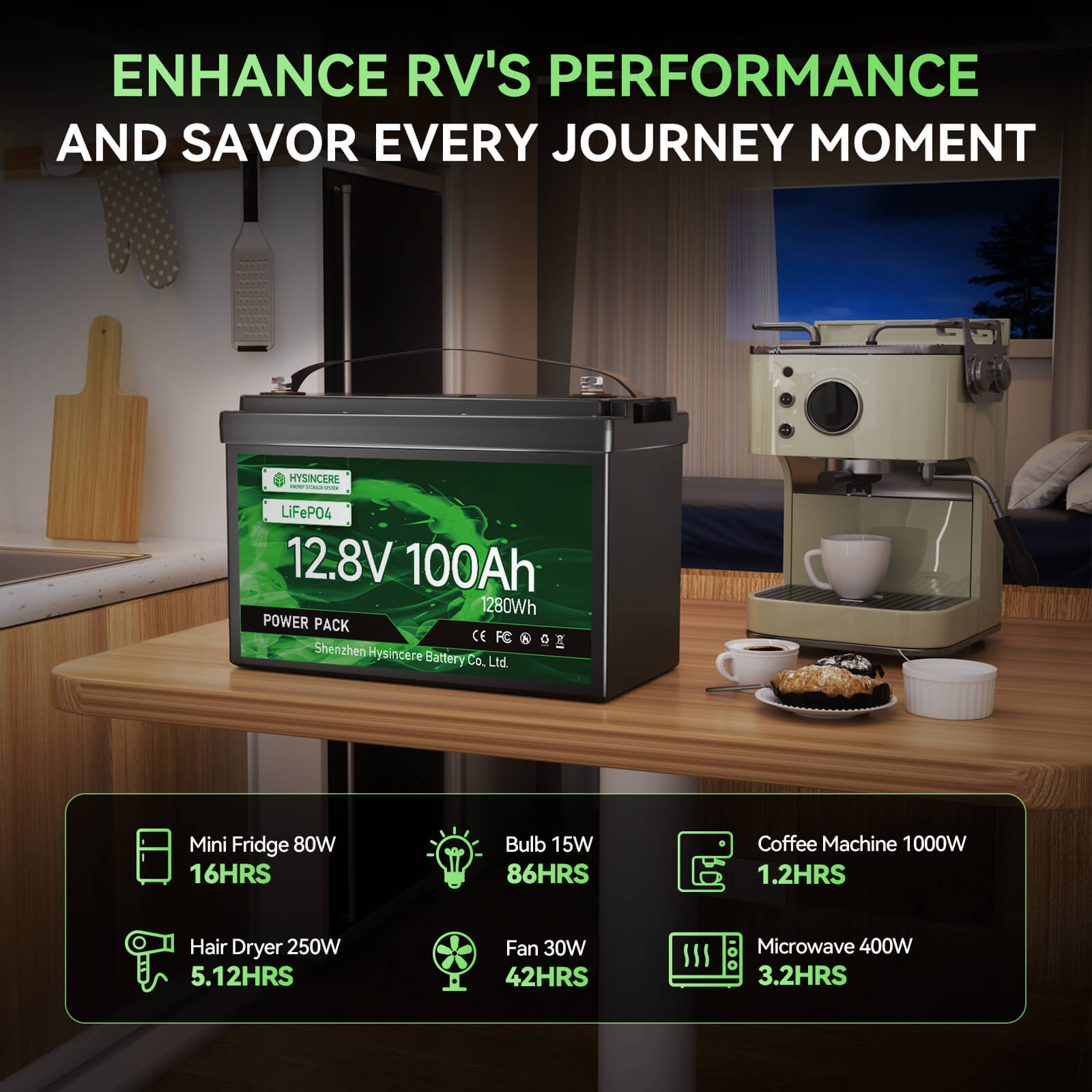 Battery pack on a table with an RV kitchen setup, emphasizing enhanced performance.