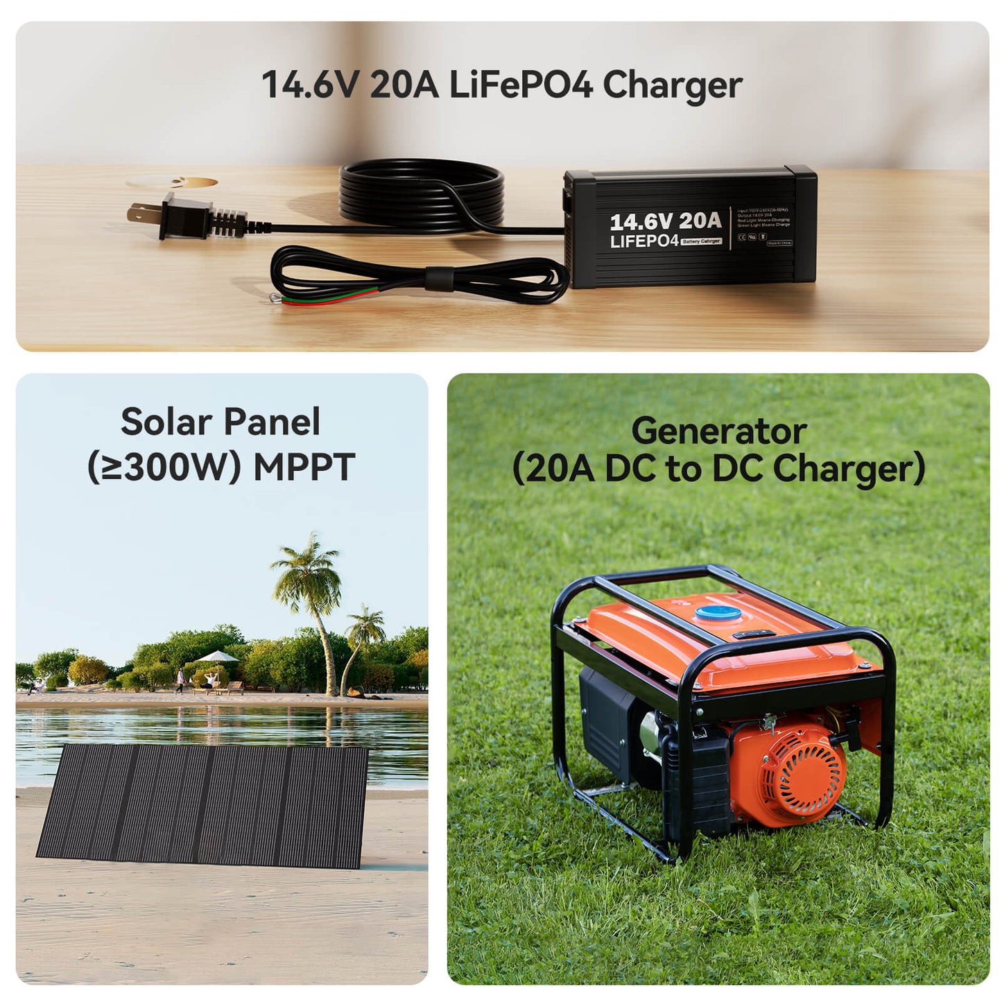 Collage of LiFePO4 charger, solar panel, and generator on a white background