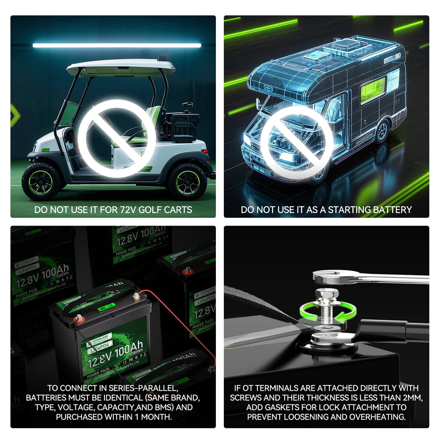 Set of instructions and warnings for a battery product, including images of a golf cart and battery connections.