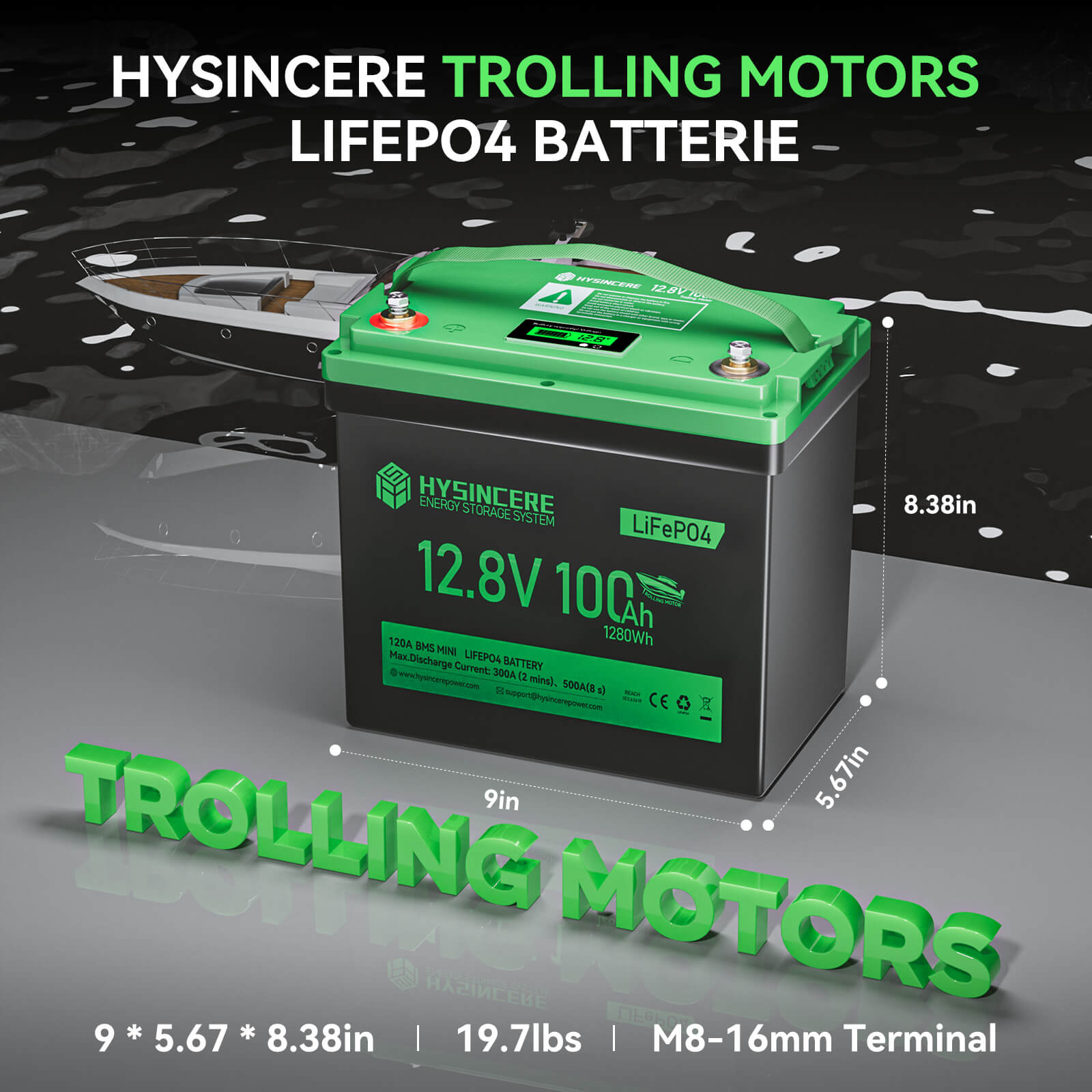 HYSINCERE LIFEPO4 battery for trolling motors with dimensions and specifications displayed.