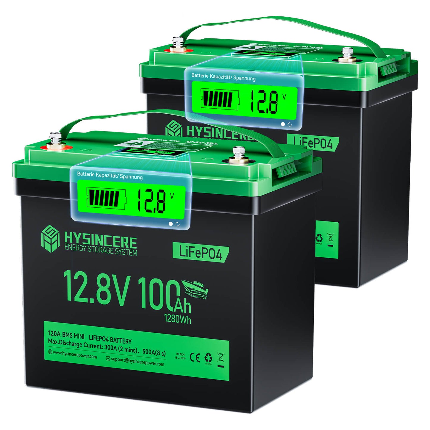 Two green and black batteries with digital displays on a white background