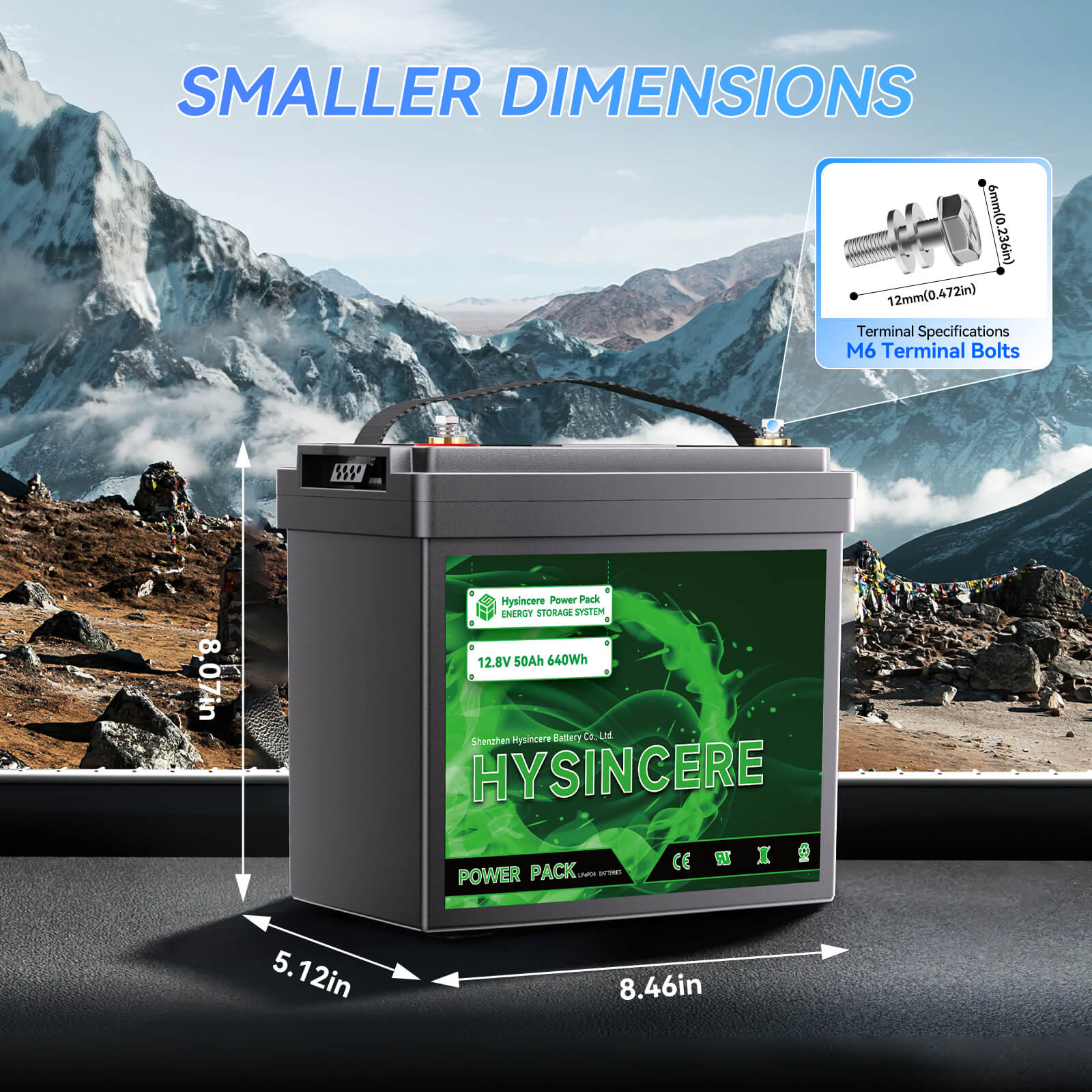HYSINCERE battery with dimensions displayed against a mountainous landscape