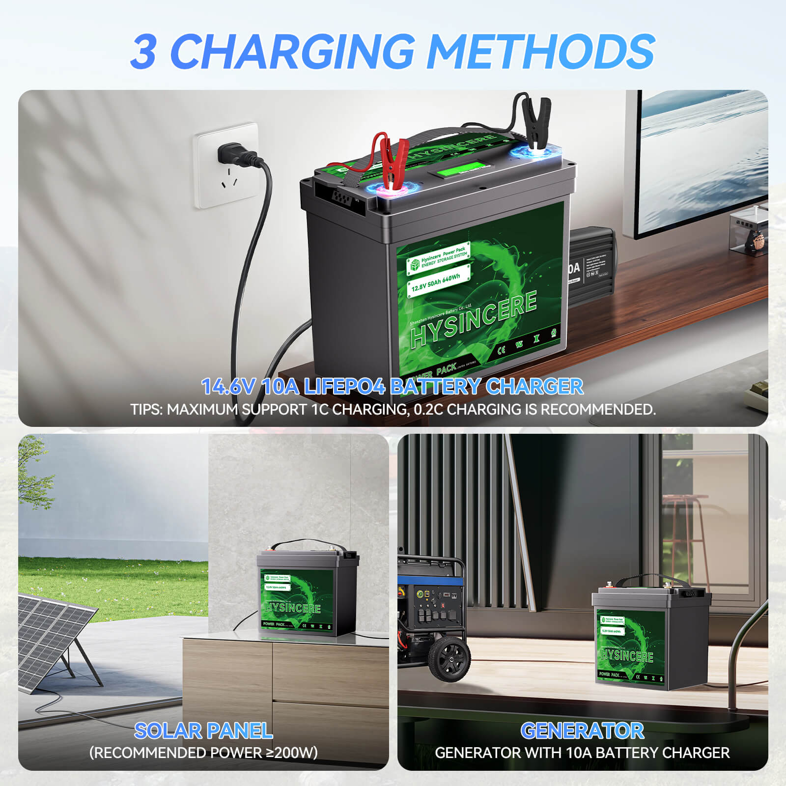 Three charging methods for a battery with corresponding devices and settings.