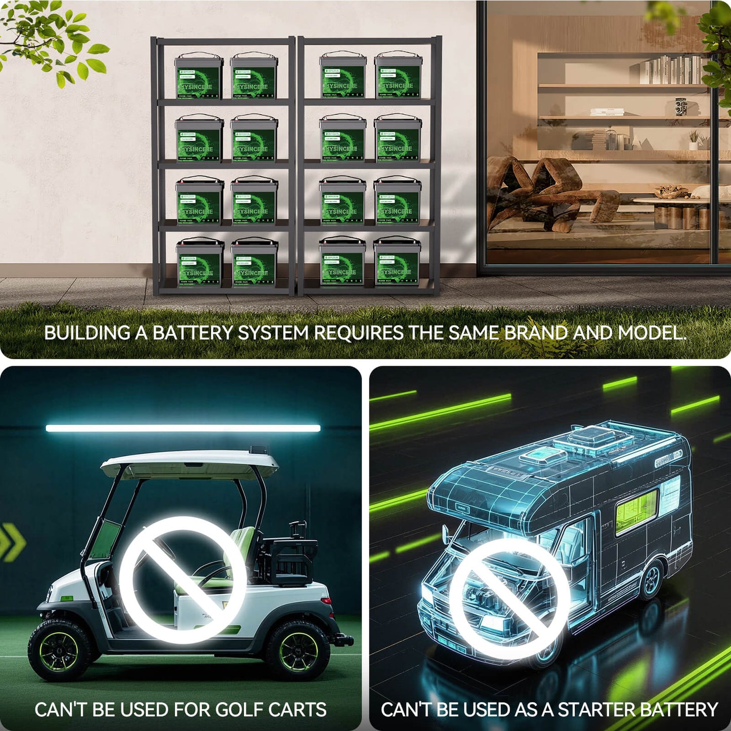 Collage of battery system components, storage rack, and prohibited uses for golf carts and starter batteries.