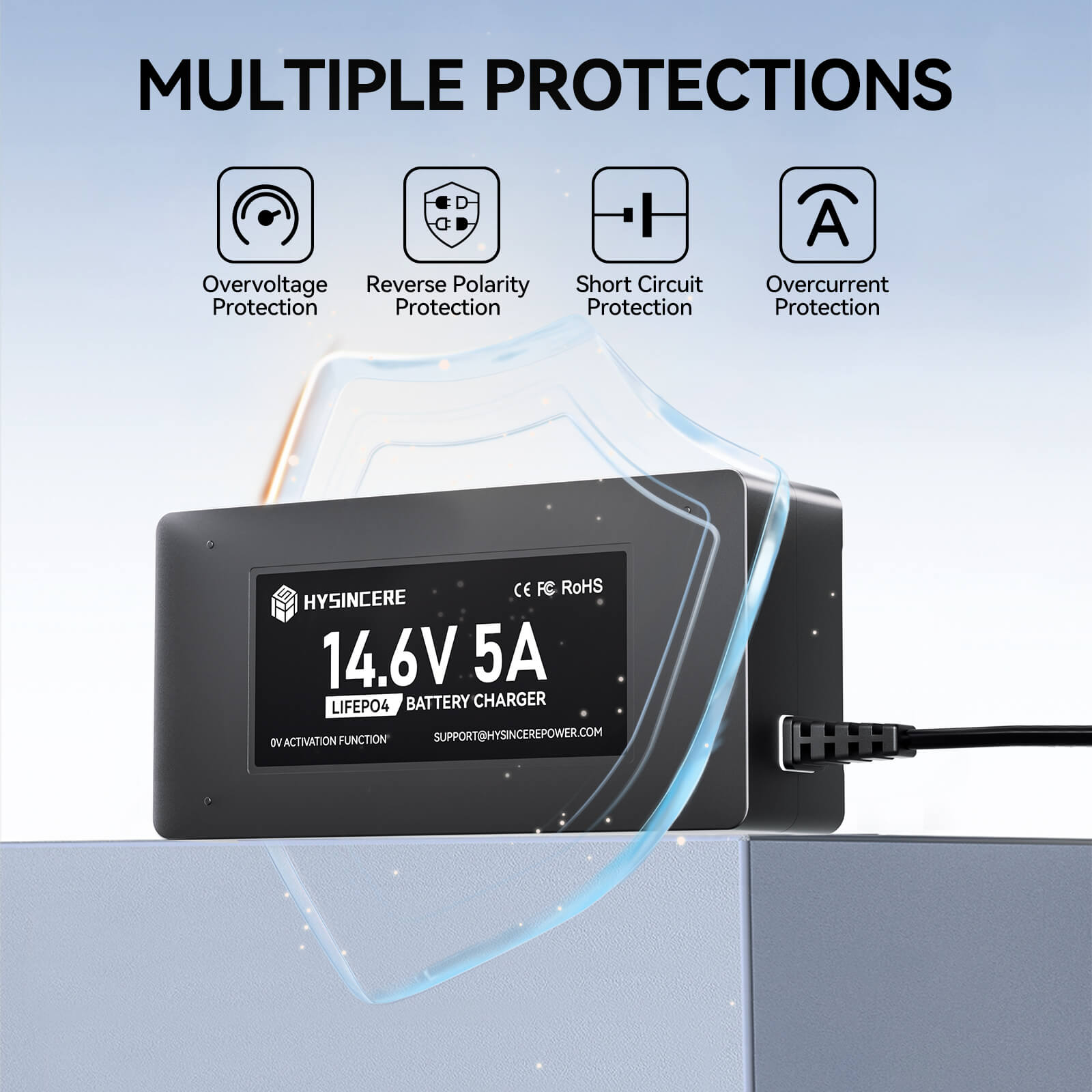 4.6V 5A LiFePO4 Battery charger with protective features labeled on a light blue background