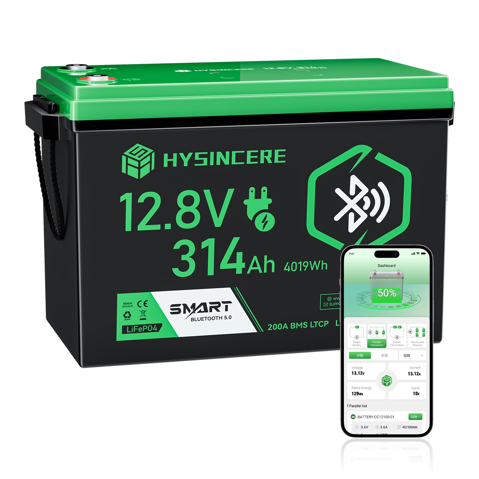 Hysincerepower 12V 314Ah Bluetooth LiFePO4 Battery