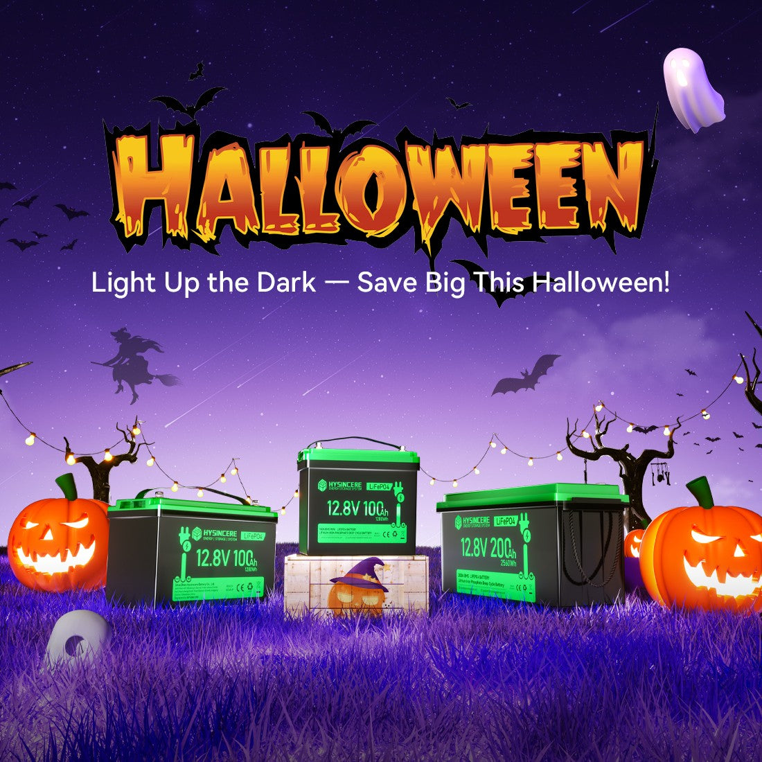 Halloween-themed advertisement with batteries and pumpkins on a purple background.