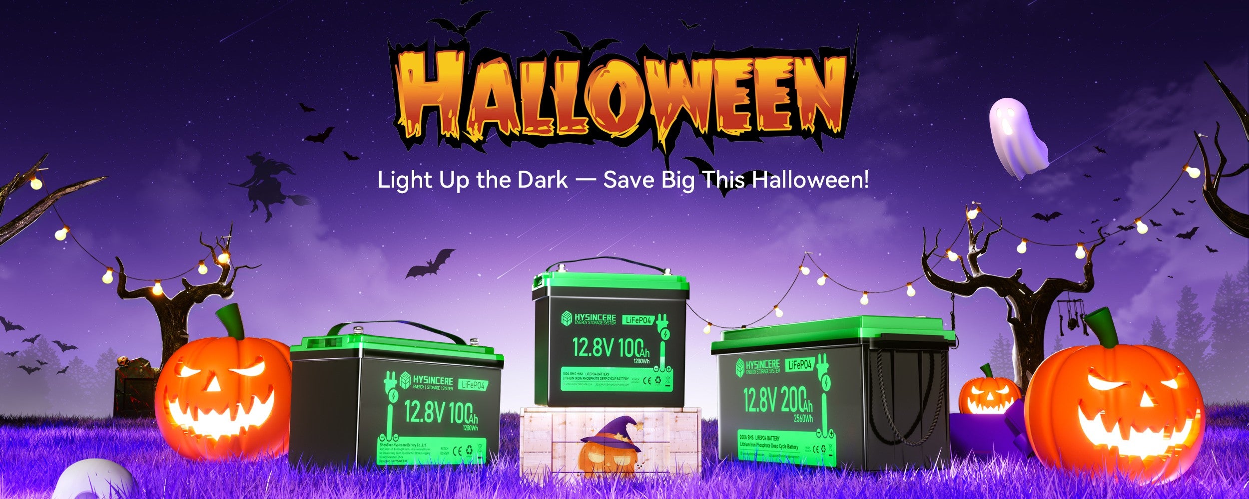 Halloween-themed advertisement with green batteries, pumpkins, and a dark purple sky.