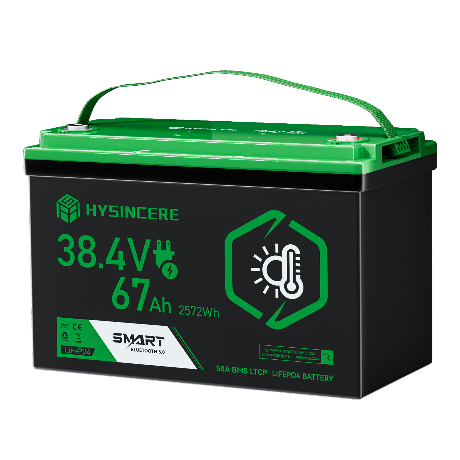 Hysincere Power 38.4V 67Ah Premium LiFePO4 Deep-Cycle Battery with Intelligent Self-Heating & Bluetooth Connectivity