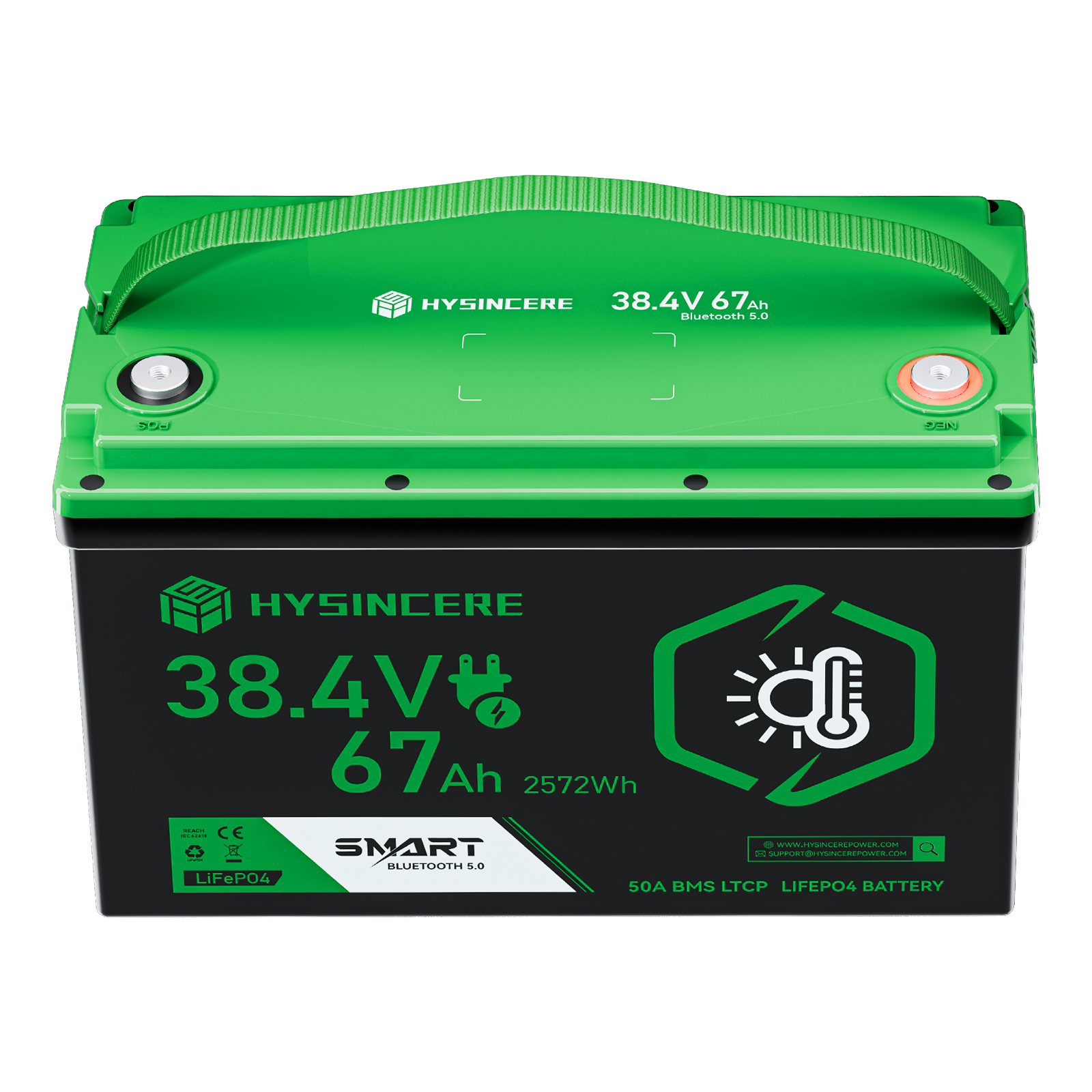 Hysincere Power 38.4V 67Ah Premium LiFePO4 Deep-Cycle Battery with Intelligent Self-Heating & Bluetooth Connectivity