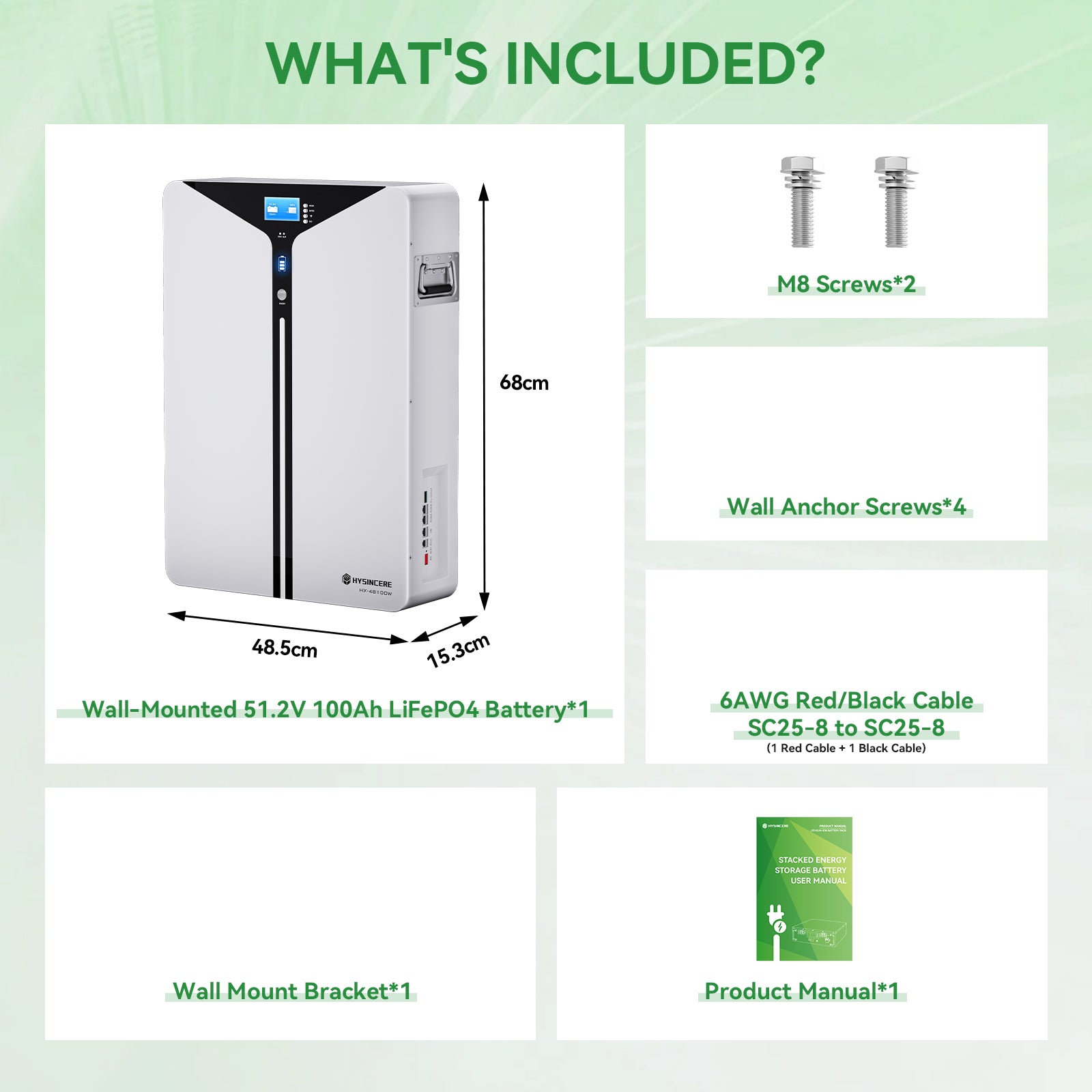 Hysincer Power 48V 100Ah Wall Mount LiFePO4 Battery – 5.12kWh Home Solar Energy Storage Battery