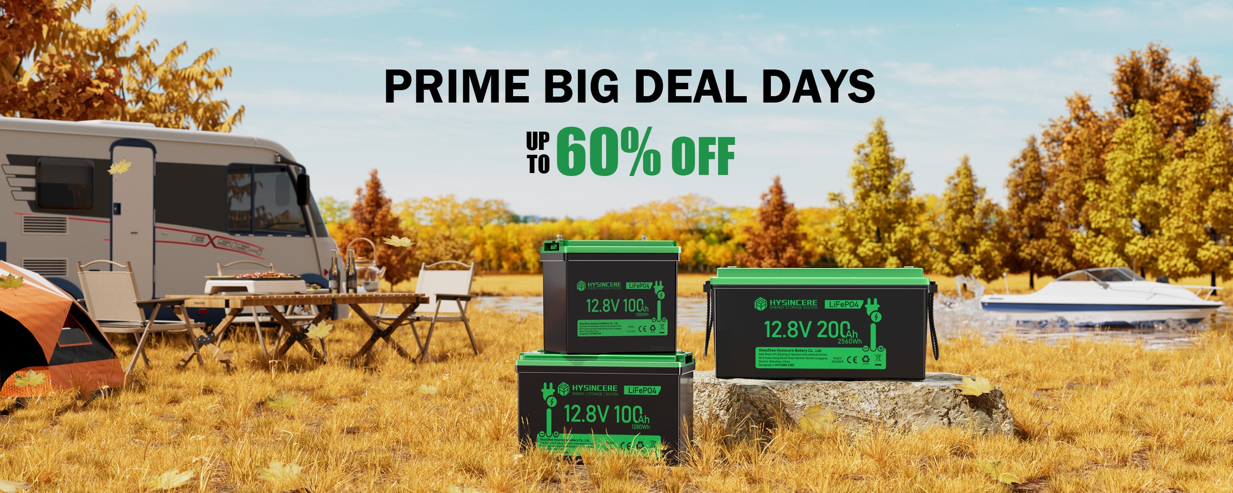 Promotional banner for Prime Big Deal Days with RVs and camping gear in a scenic outdoor setting.