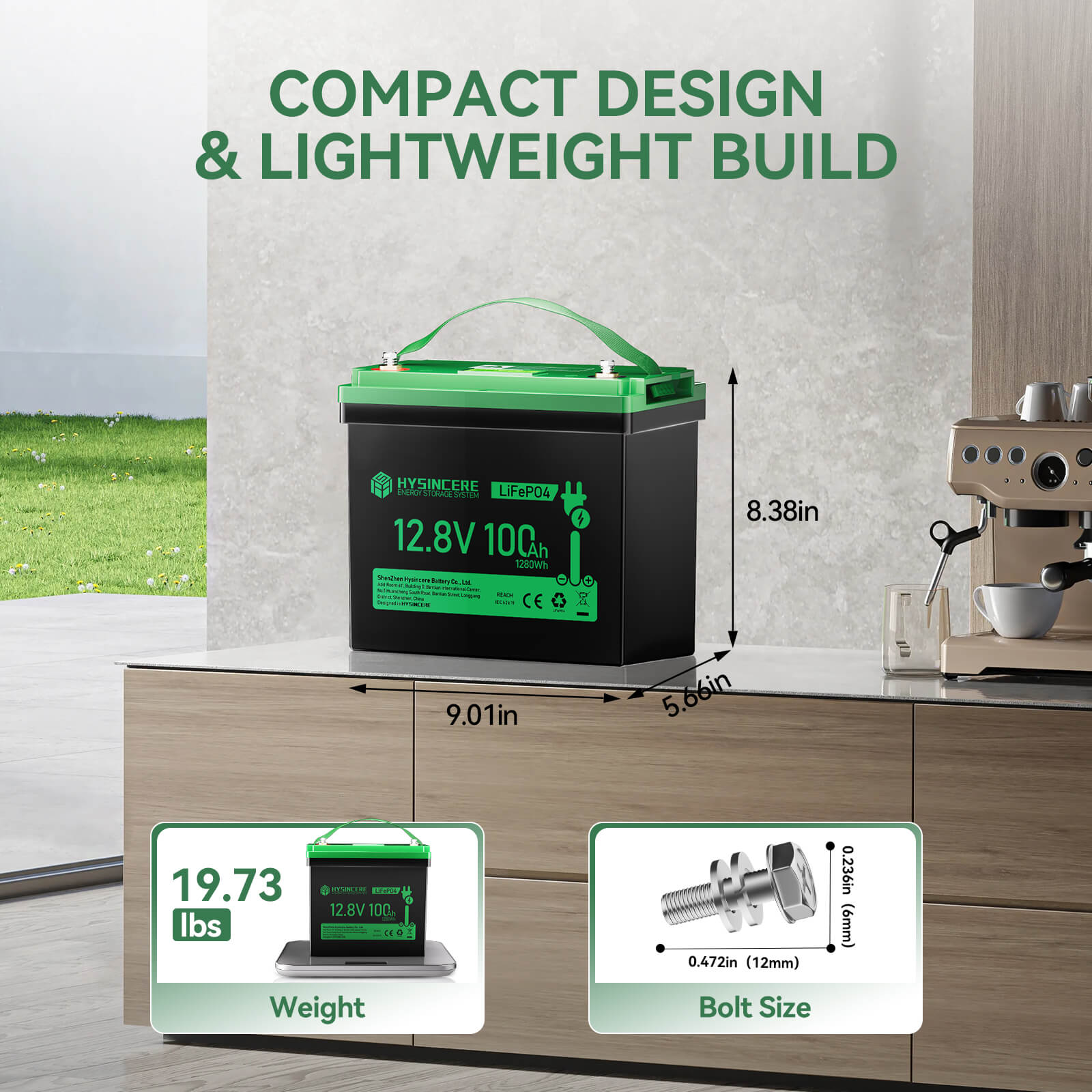 Hysincere Power 12V 100Ah Mini LiFePO4 Battery Size and Weight
