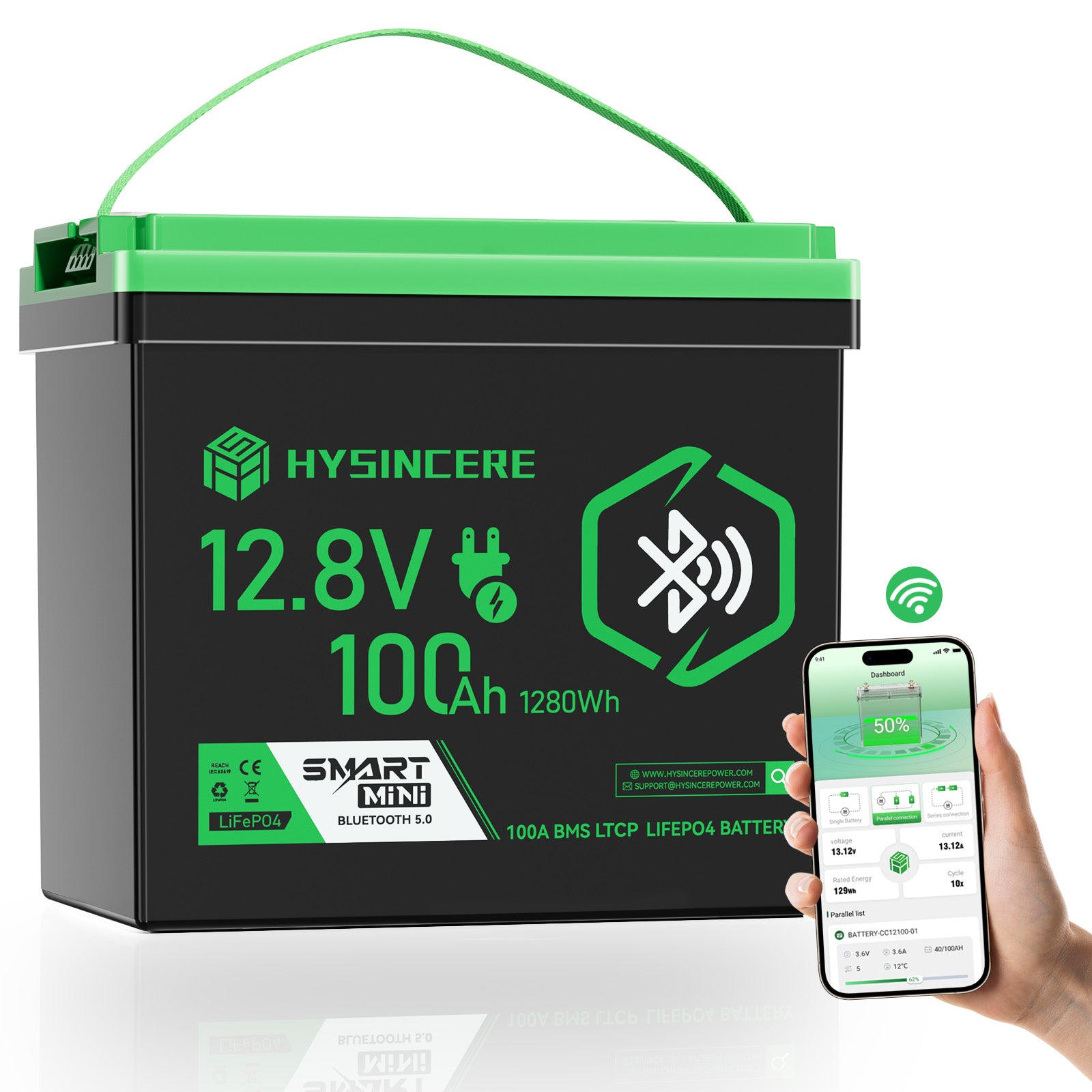 Hysincere Power 12V 100Ah Mini Bluetooth LiFePO4 Deep Cycle Battery