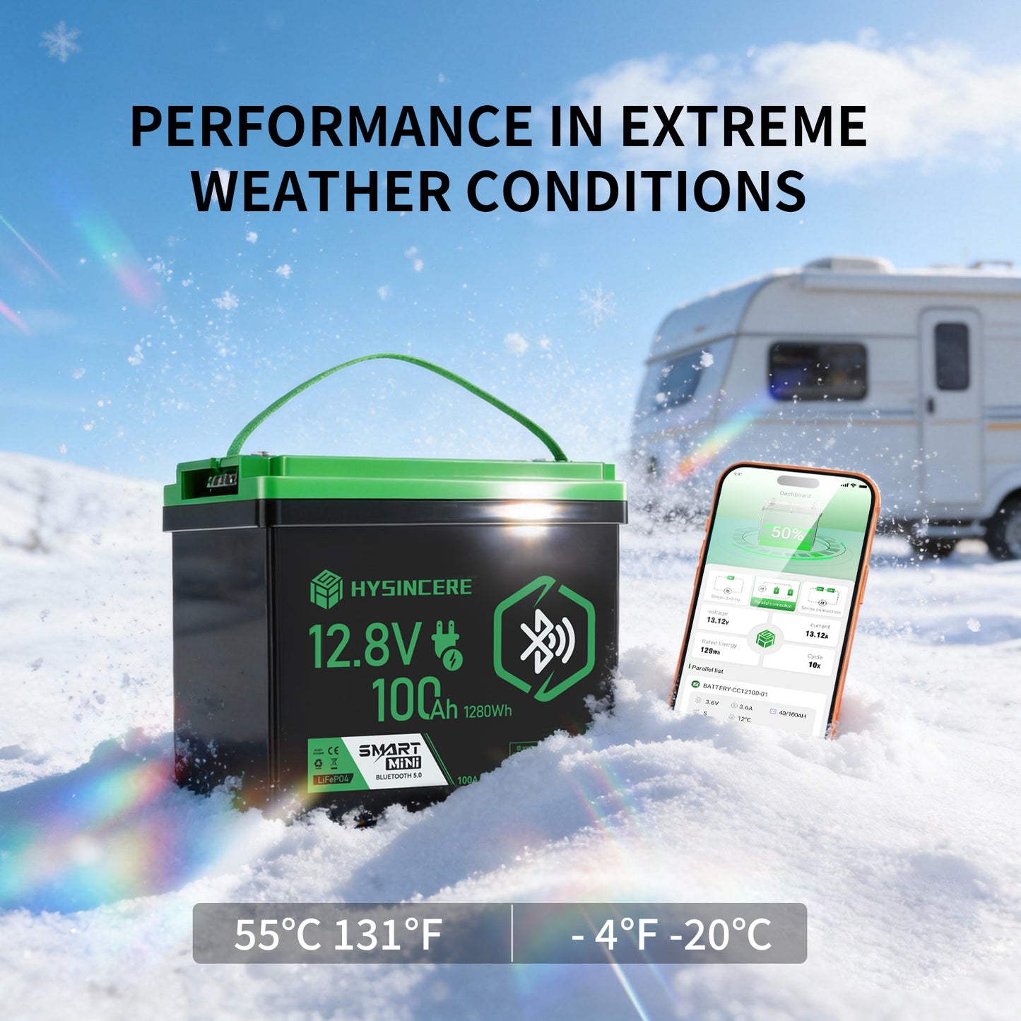 HYSINCERE battery in snowy conditions with an RV and smartphone displaying app.