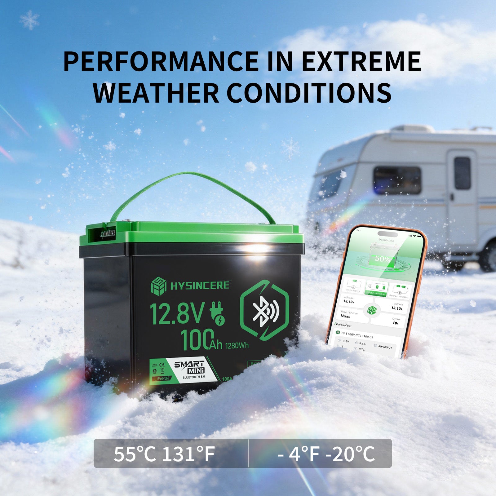 HYSINCERE battery in snowy conditions with an RV and smartphone displaying app.