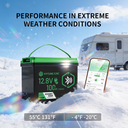 HYSINCERE battery in snowy conditions with an RV and smartphone displaying app.