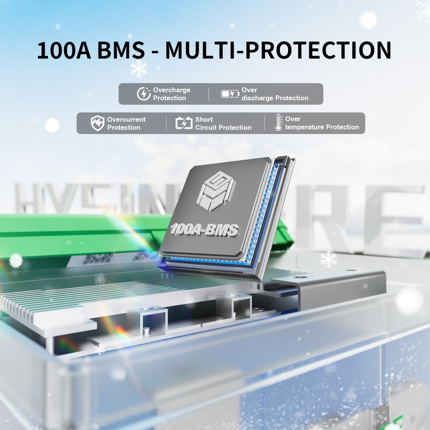 100A BMS multi-protection device with brand name on a clear background