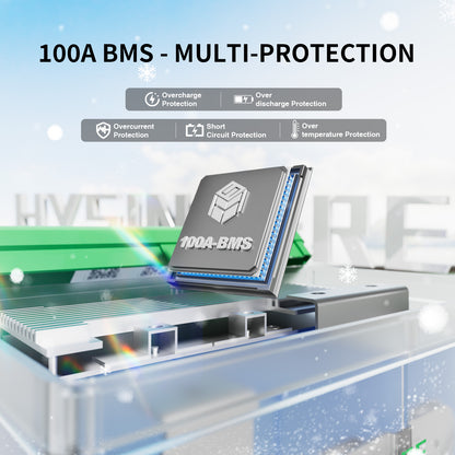 100A BMS multi-protection device with brand name on a clear background