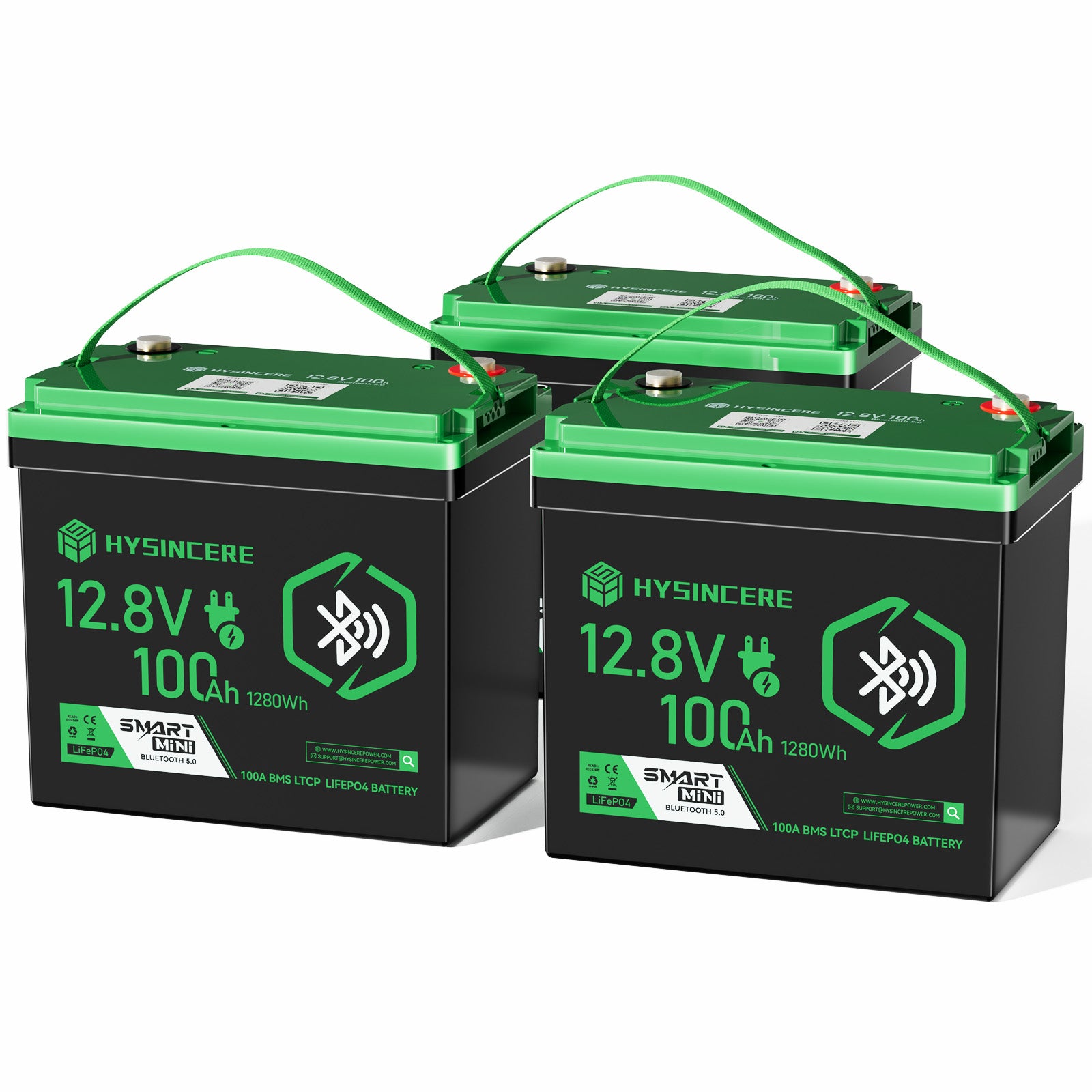 Three green and black HYSINCERE batteries on a white background