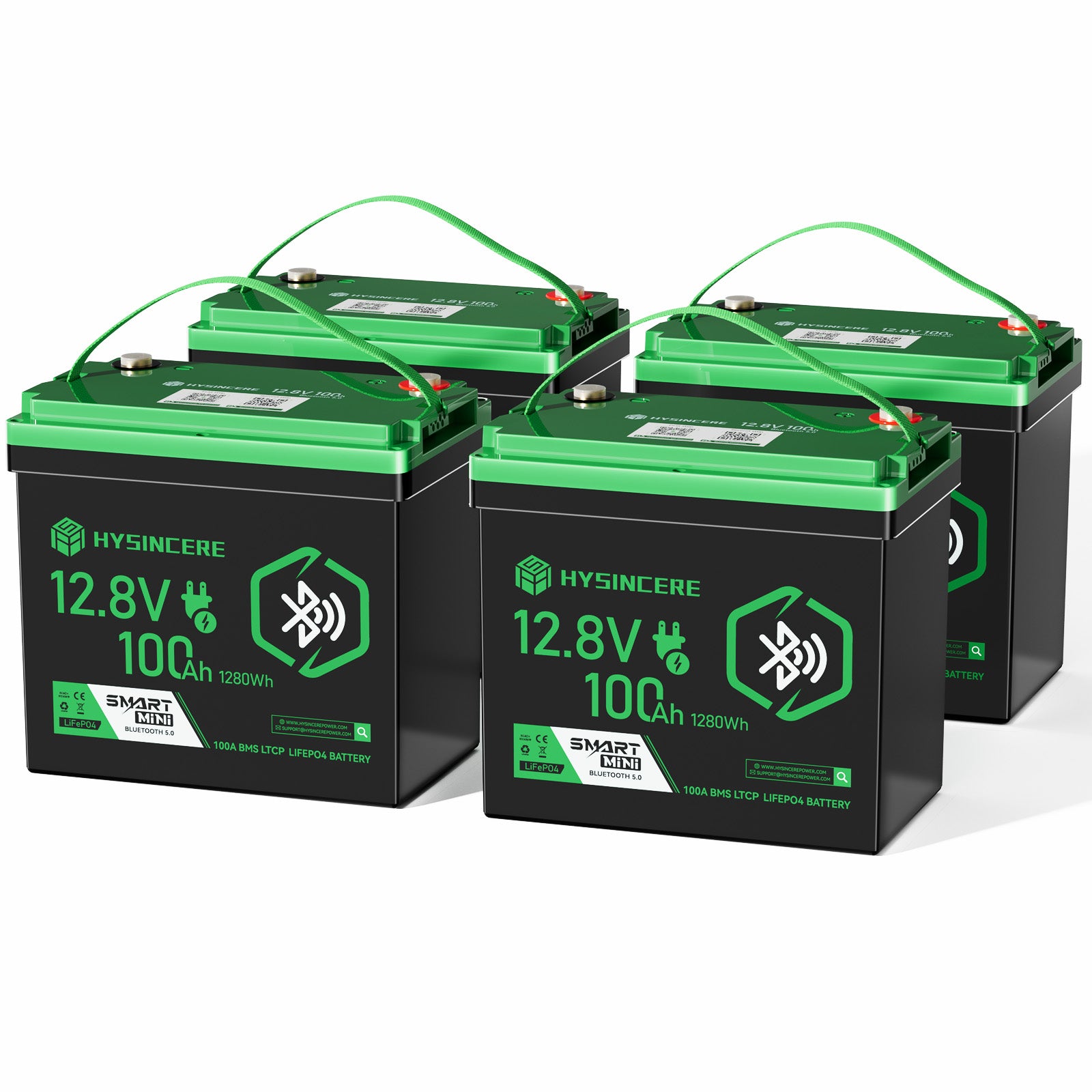 Four HYSINCERE batteries with green and black design on a white background