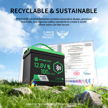 HYSINCERE battery with sustainability certification on grass against a blue sky