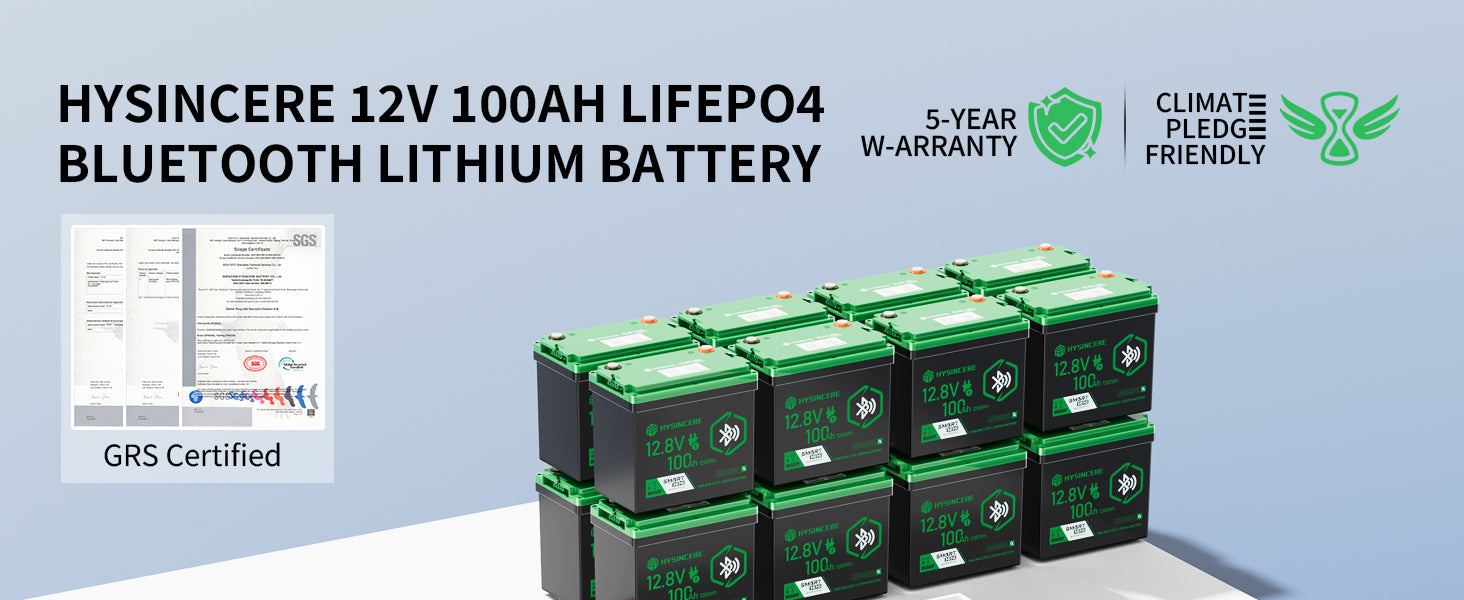 Stack of HYSINCERE 12V 100AH LIFEPO4 lithium batteries with certification and warranty information on a light blue background.