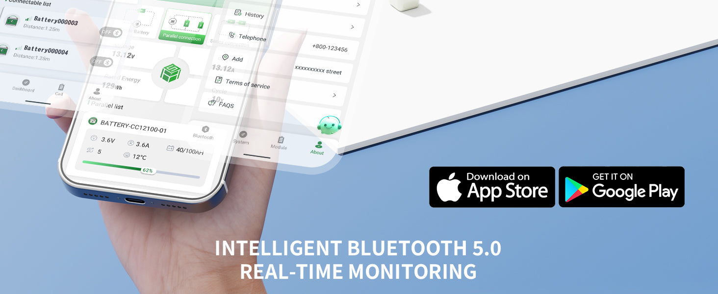 Smartphone displaying an app with a blue screen and app store logos.