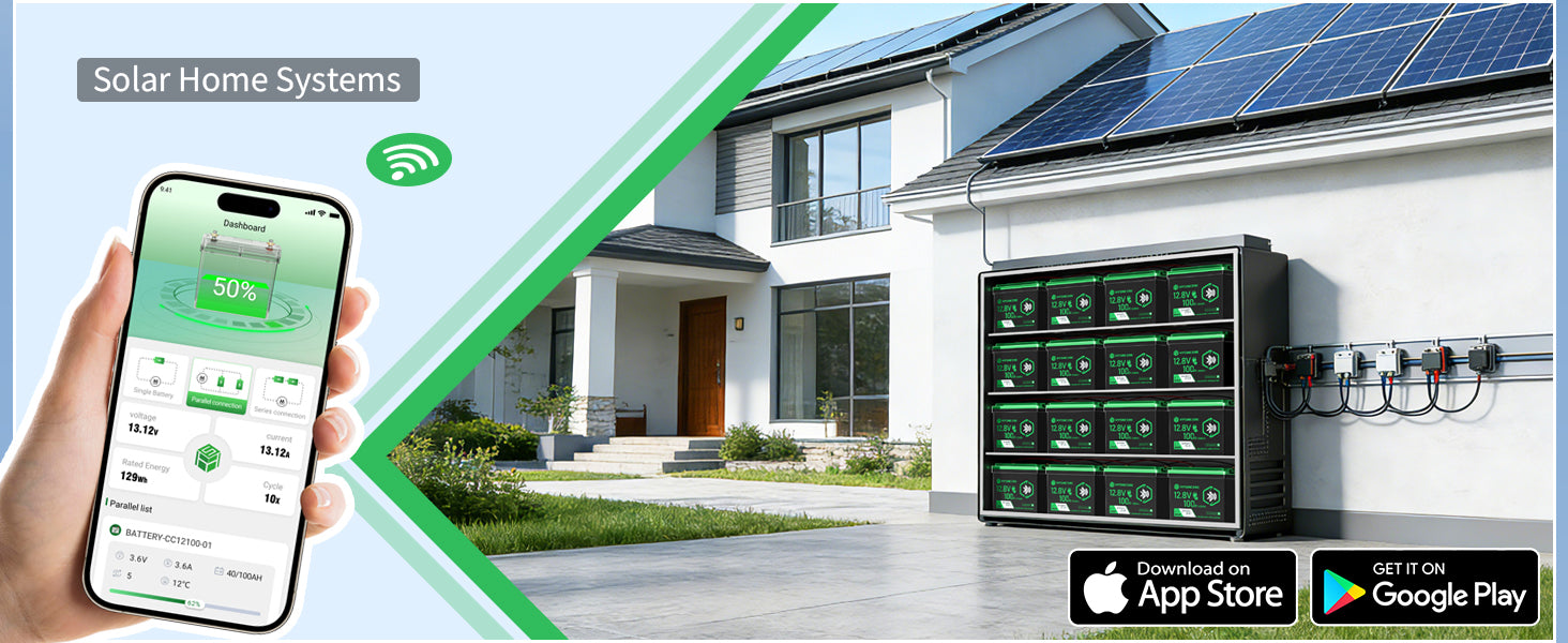 Solar home system with smartphone app, battery system, and house exterior.