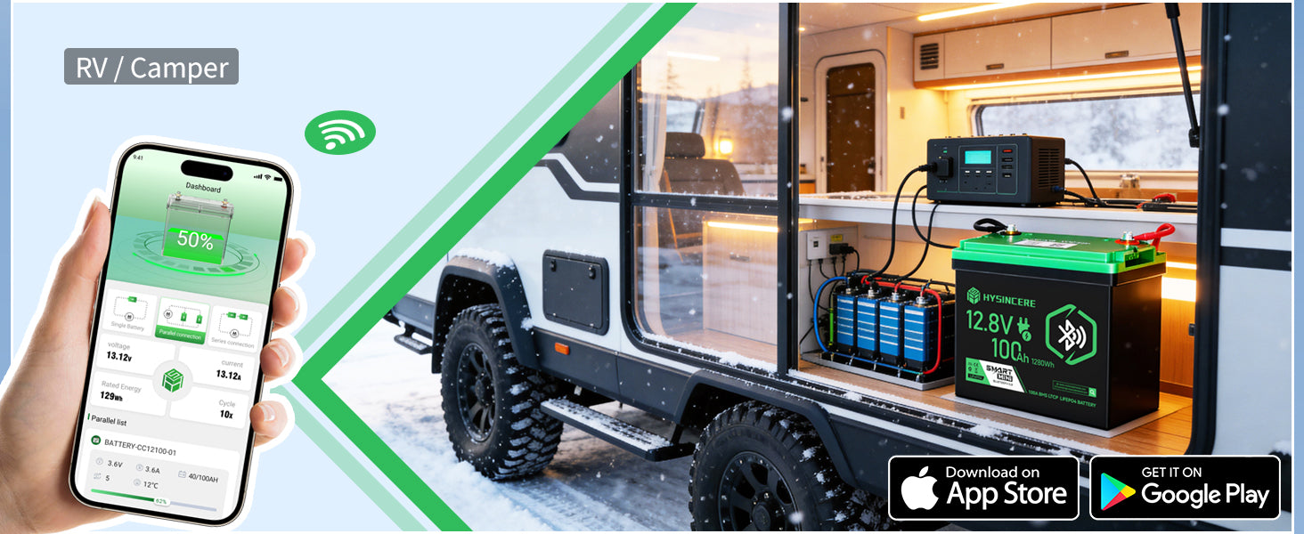 RV with battery system and smartphone displaying app interface, featuring Apple and Google Play logos.