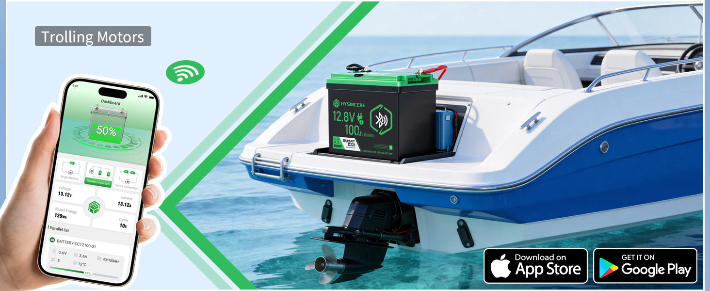 Boat with a battery and smartphone displaying app interface on a blue water background