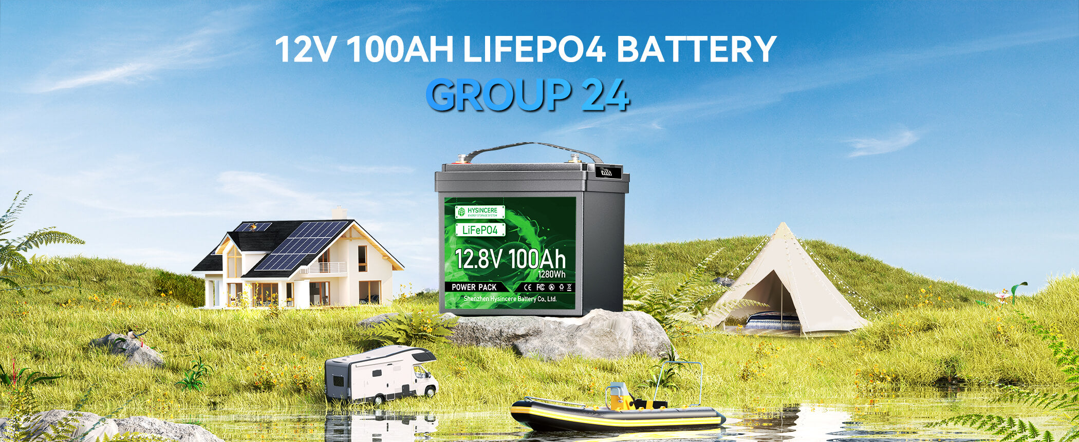 12V 100AH LIFEPo4 battery with a scenic background of a house, solar panel, and tent.