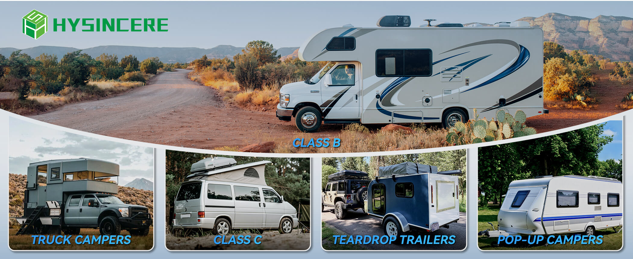 Collage of various types of RVs with HYSINCERE branding.
