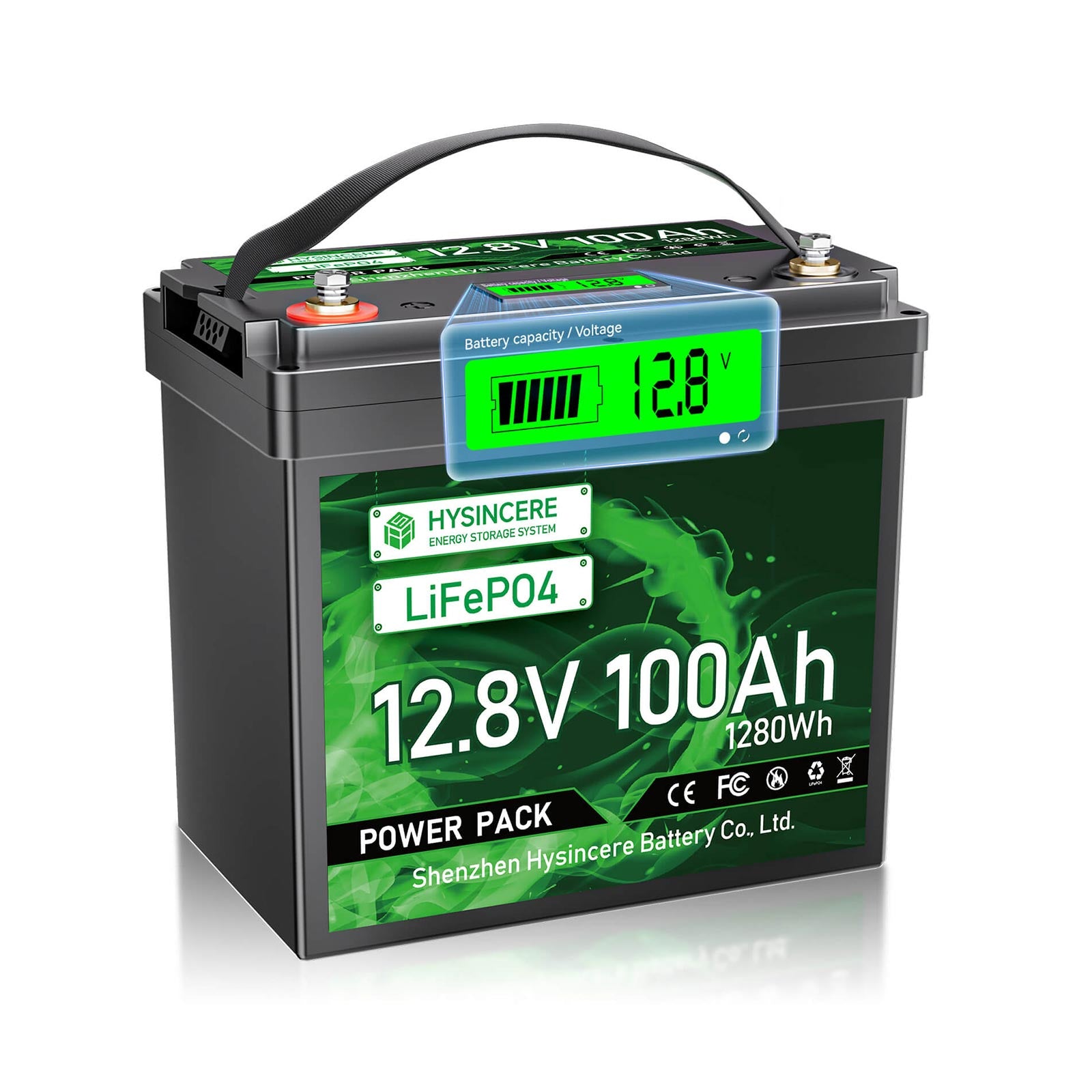 Hysincere battery pack with digital display on a white background