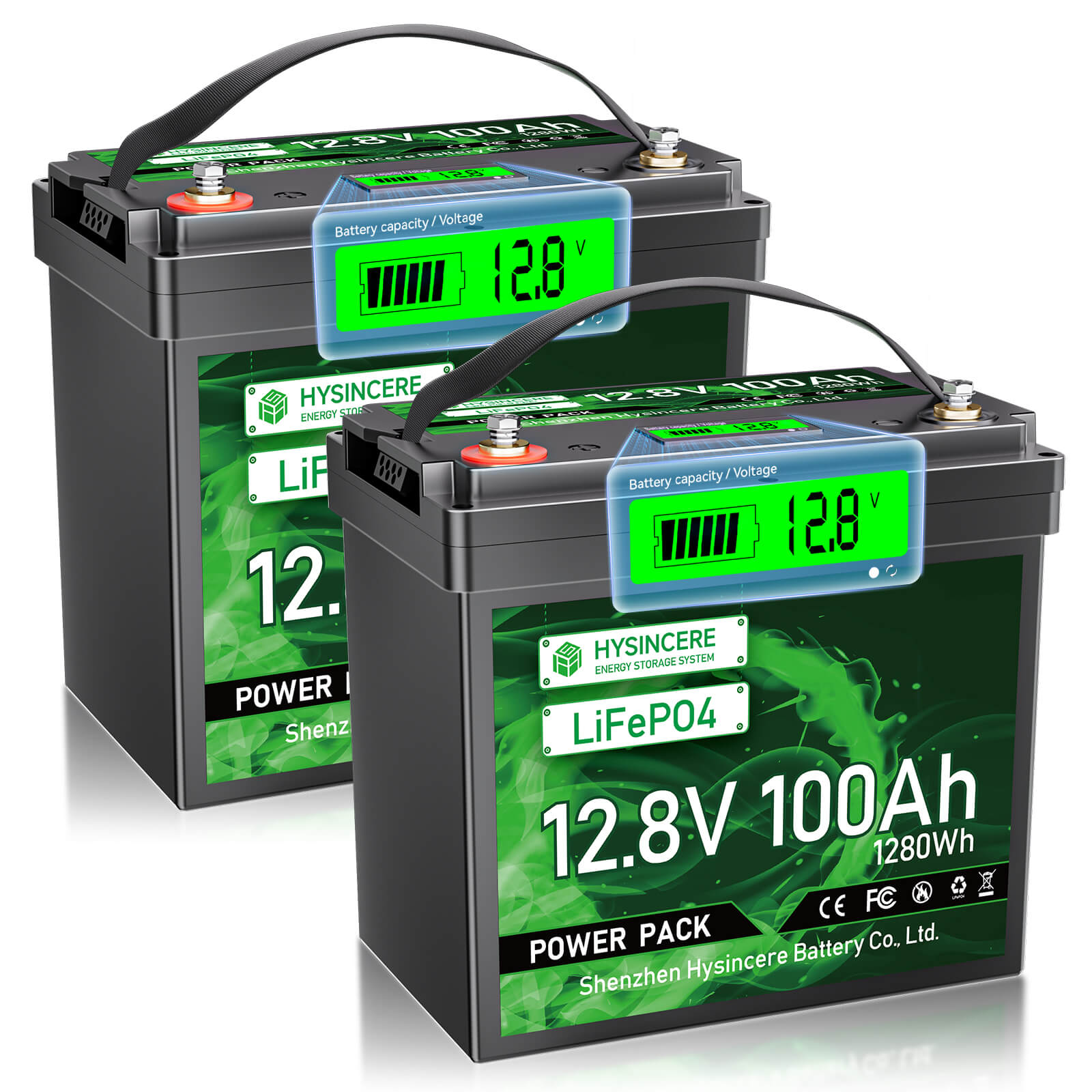 Two Hysincere lithium iron phosphate batteries with digital displays on a white background