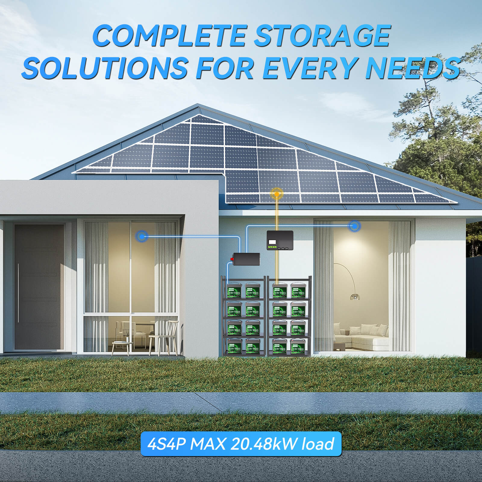 House with solar panels and battery storage system, featuring text 'Complete Storage Solutions for Every Needs'.