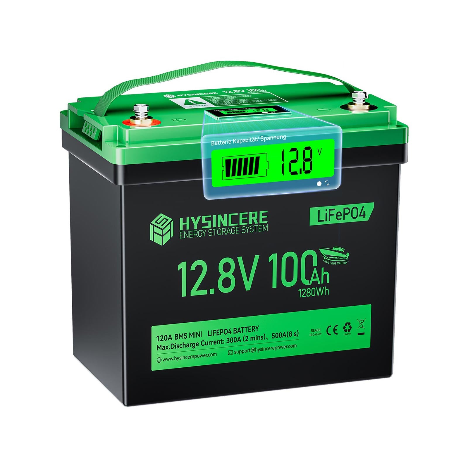 Hysincere battery with digital display on a white background