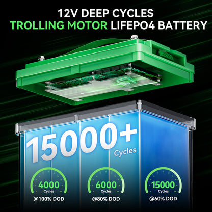 Green deep cycle battery with life expectancy display on a black background