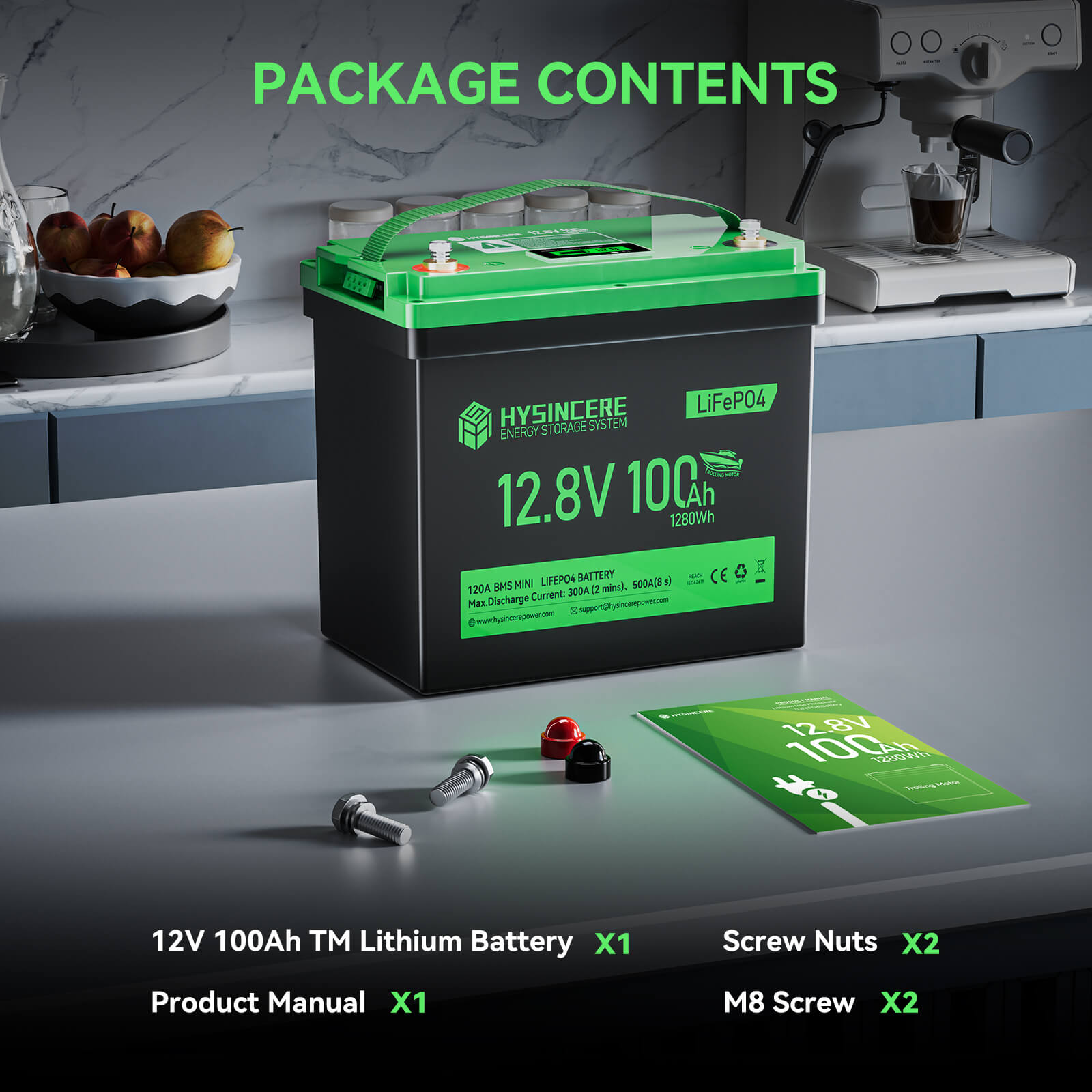 Hysincere lithium battery with packaging contents on a kitchen counter
