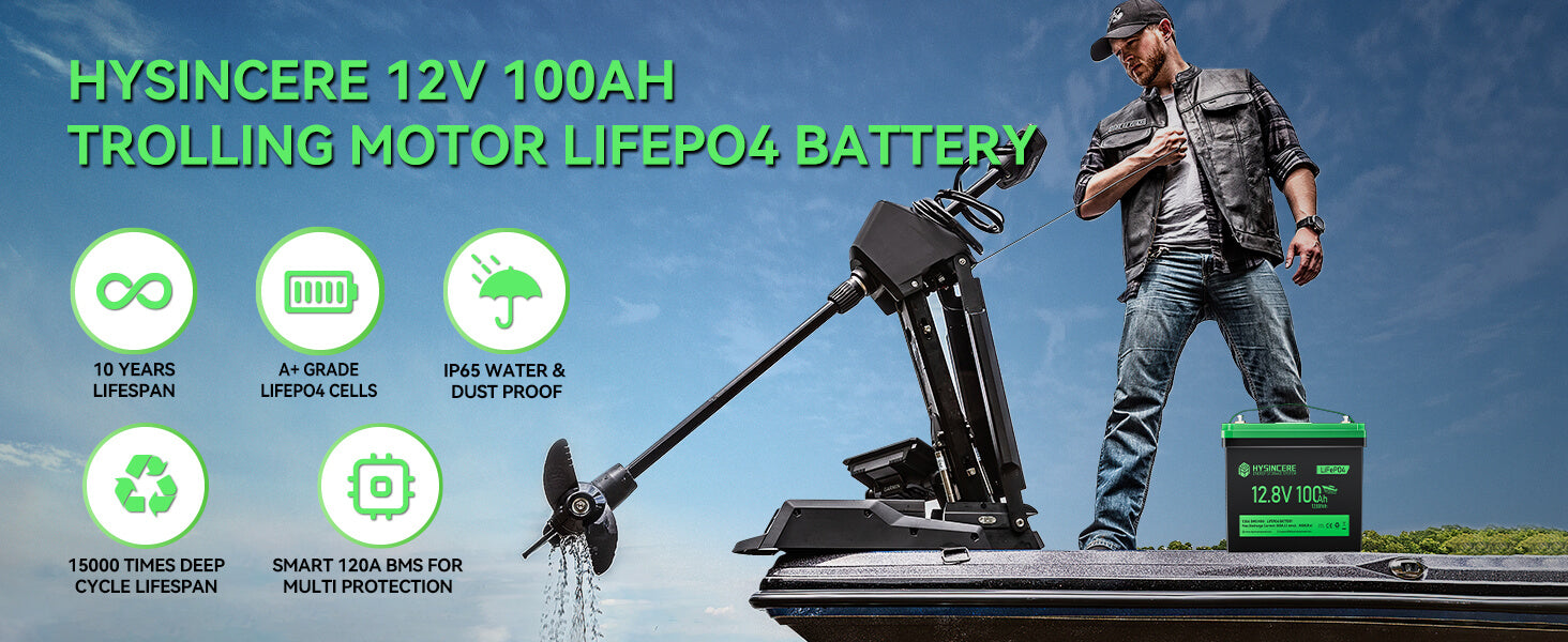 HYSINCERE 12V 100AH trolling motor with battery on a truck bed against a blue sky.