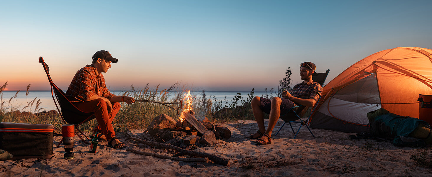 Camping scene at the seaside in the evening
