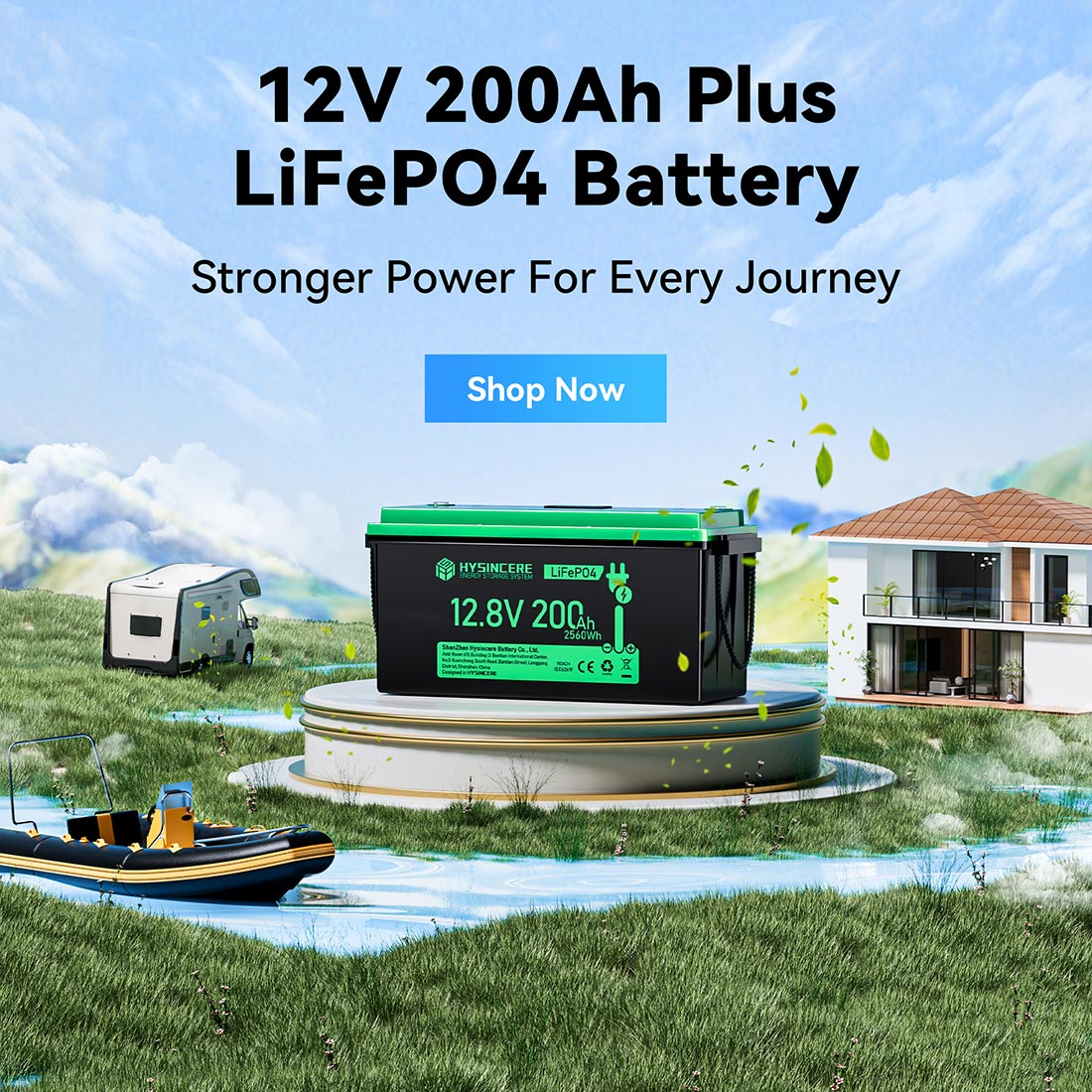 LiFePO4 battery with scenic background, house, and camper van.
