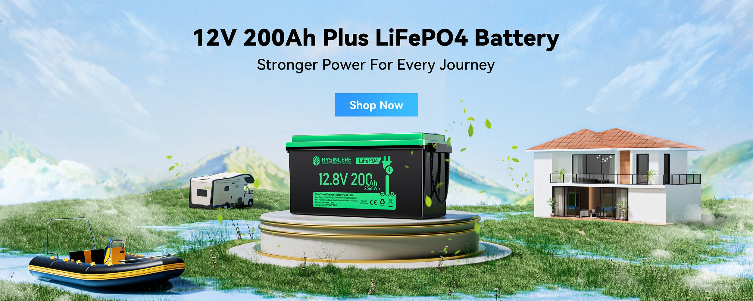 12V 200Ah Plus LiFePO4 Battery with scenic background