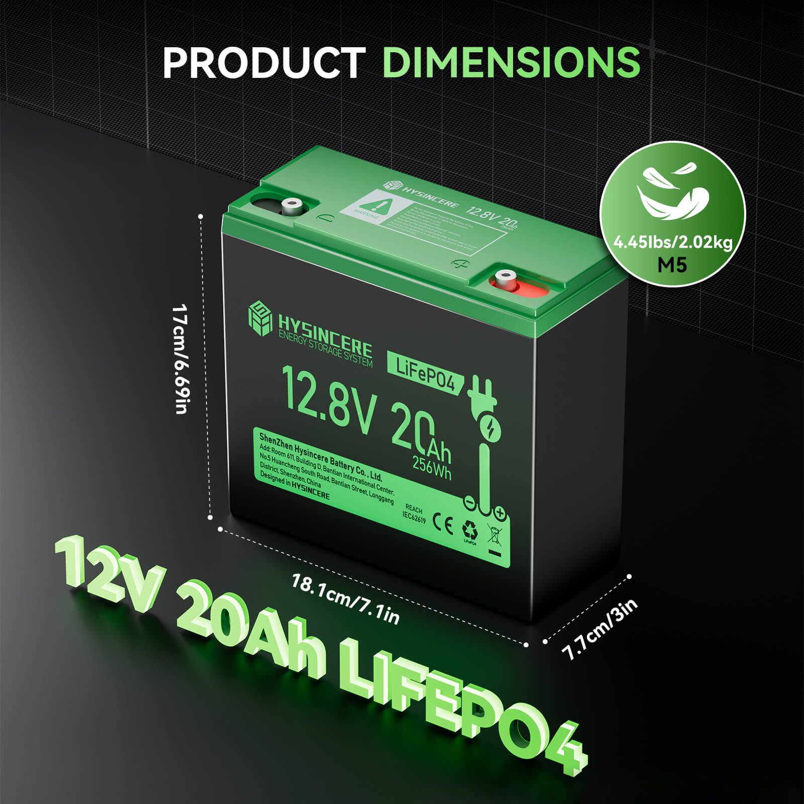 Green battery with dimensions and specifications on a dark background
