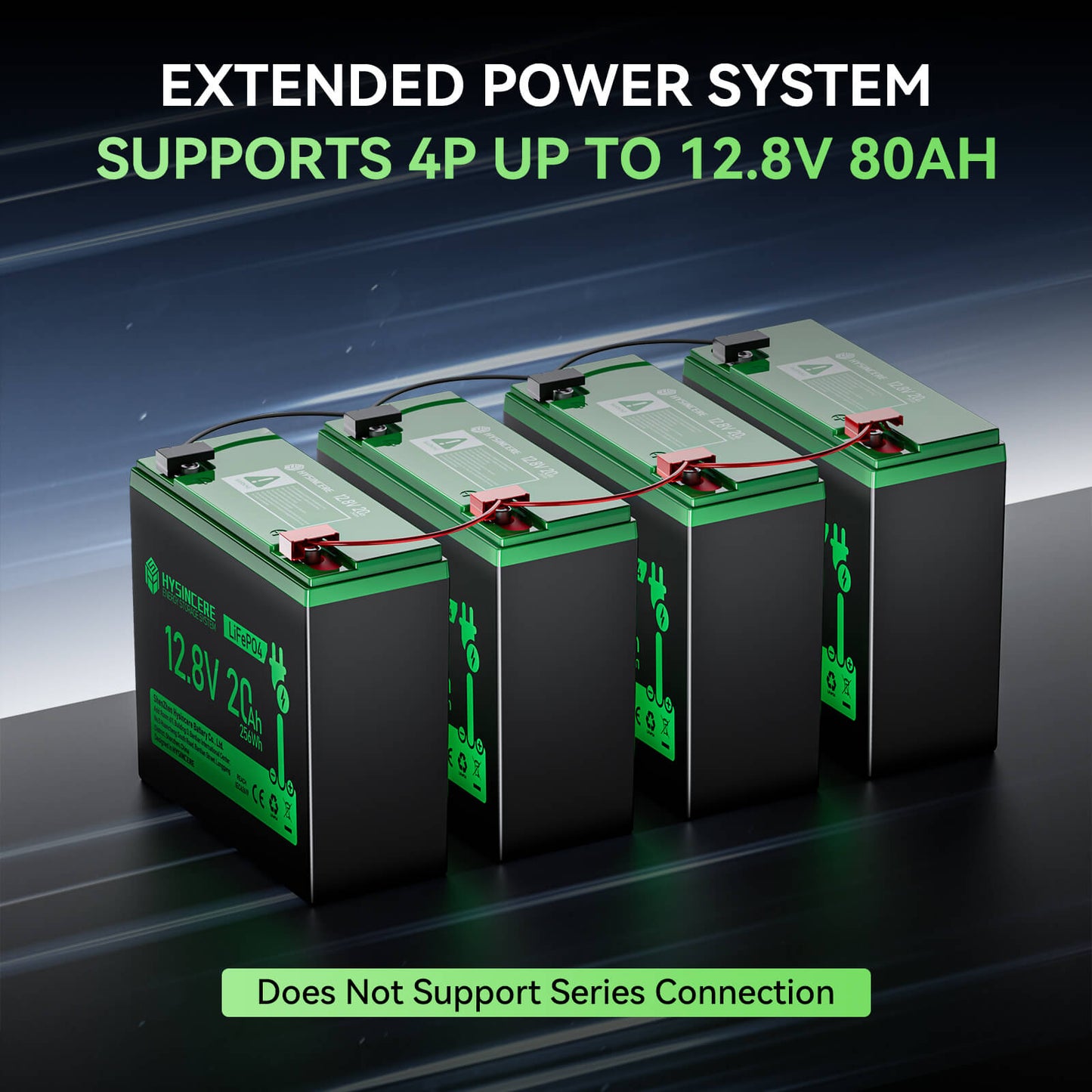 Four batteries connected in parallel with text about extended power system and battery specifications.
