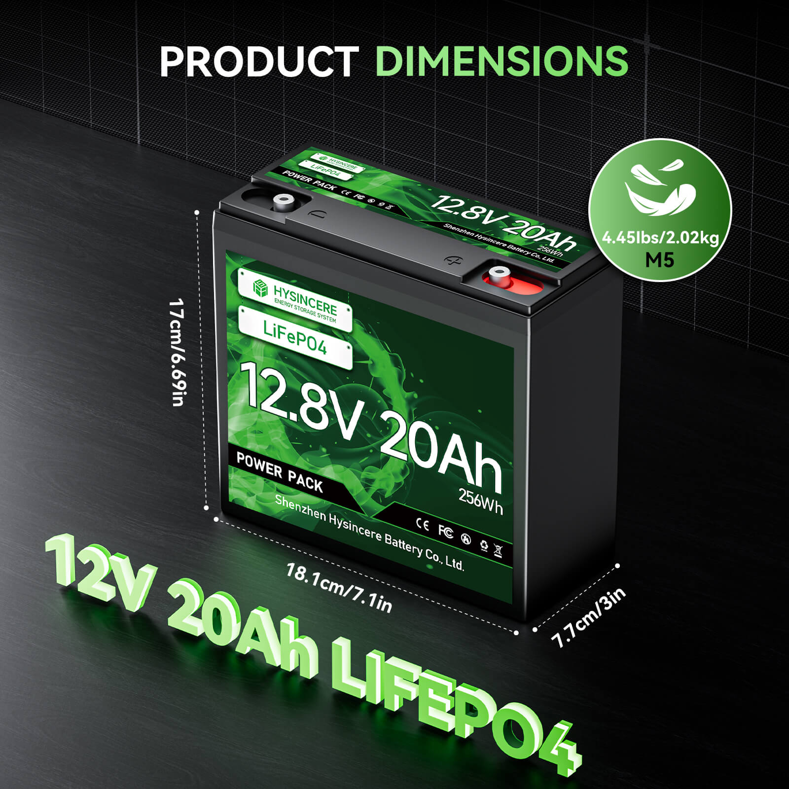 Battery with dimensions and specifications on a dark background