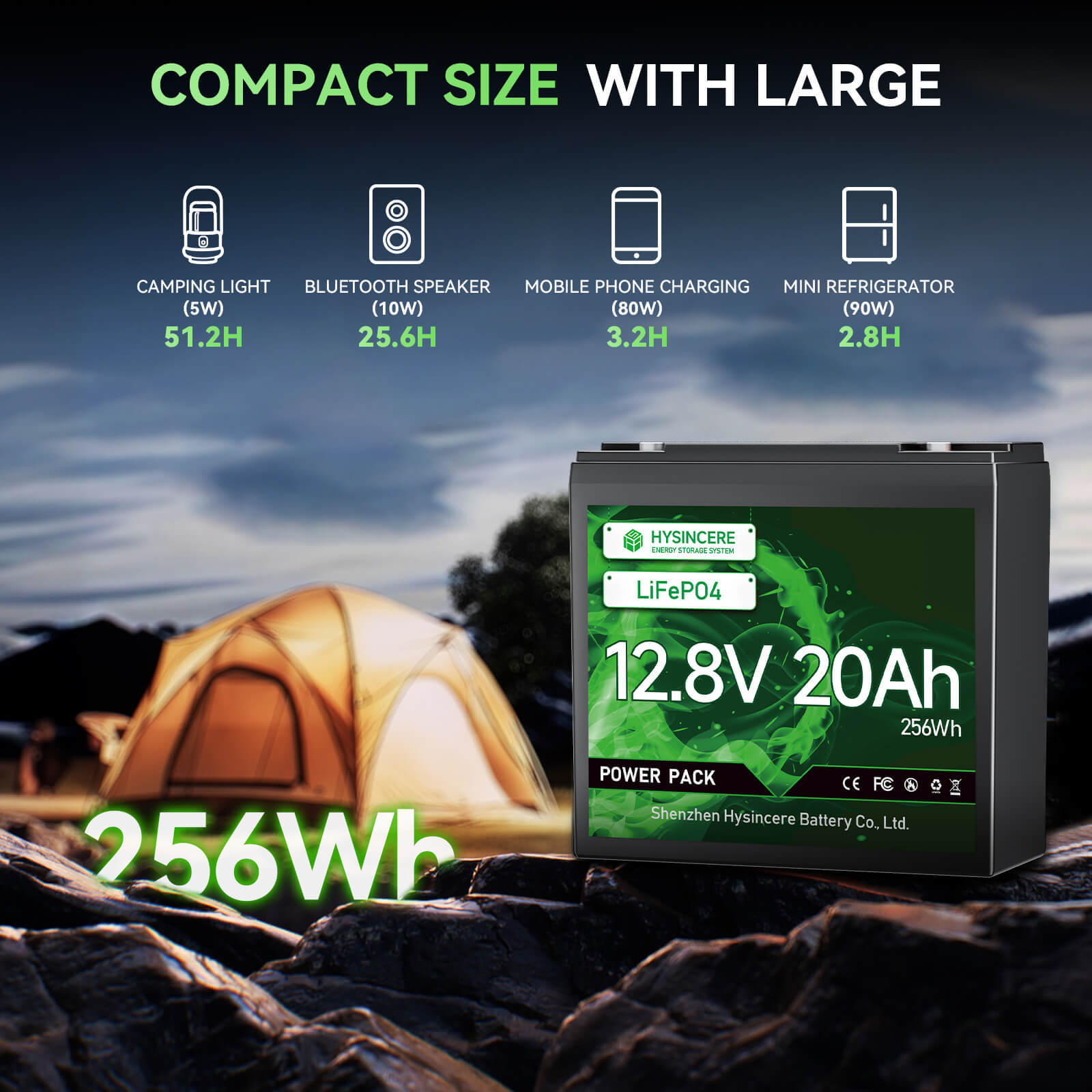 Battery pack with camping light, Bluetooth speaker, phone charging, and refrigerator icons on a scenic background.