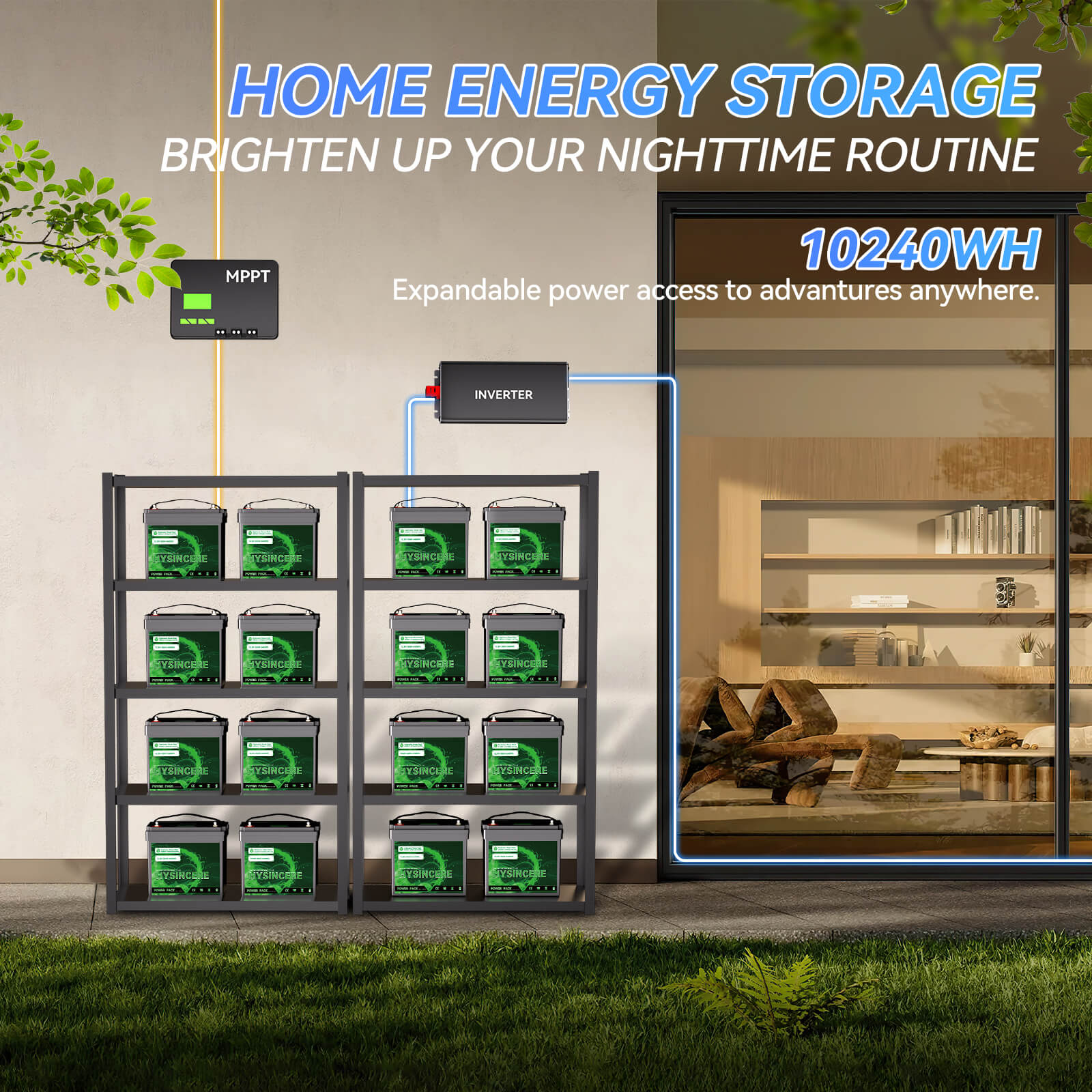 Home energy storage system with power flow diagram and text on a home exterior background.