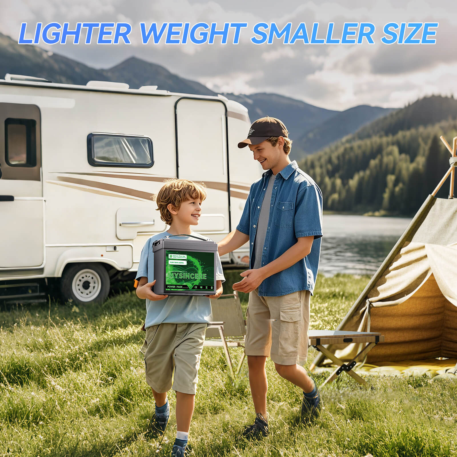 Two children with a portable device in a camping setting with a camper and tent in the background.