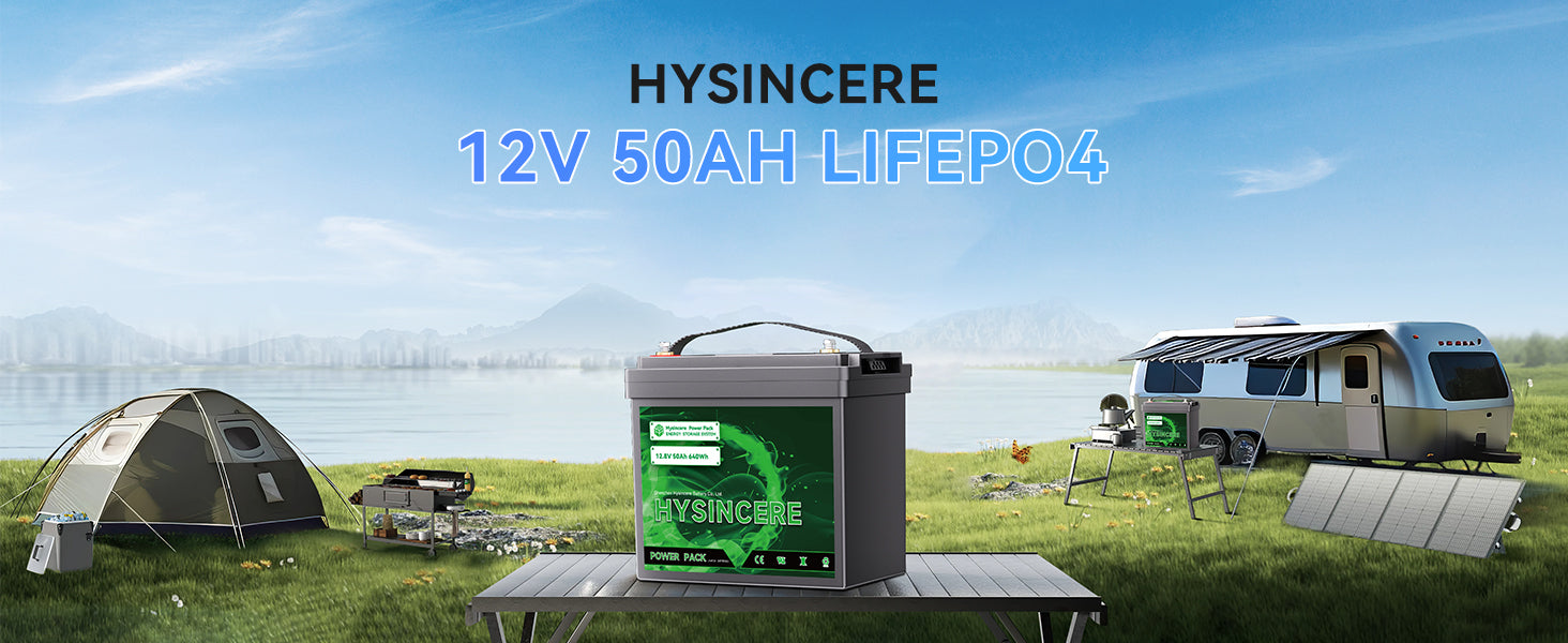 HYSINCERE 12V 50AH LIFEPO4 battery with camping setup in the background